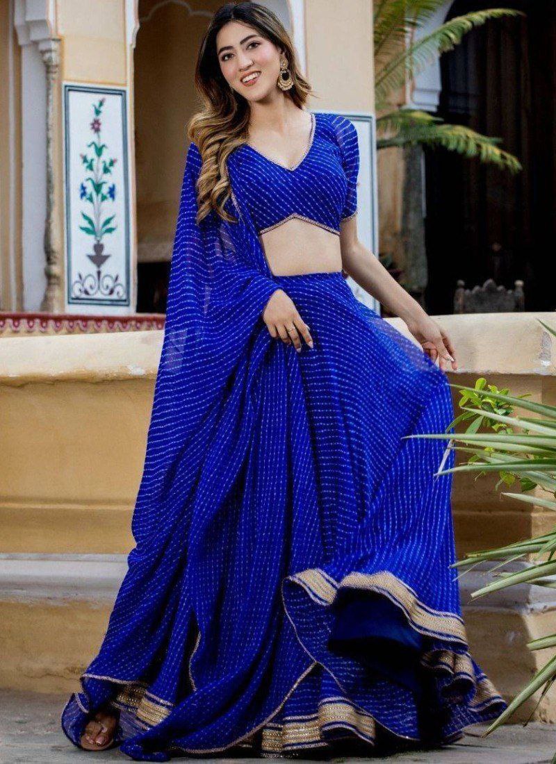 Royal Blue Georgette Printed Lehenga Choli Set with Gota Patti Work & Lace Border Dupatta