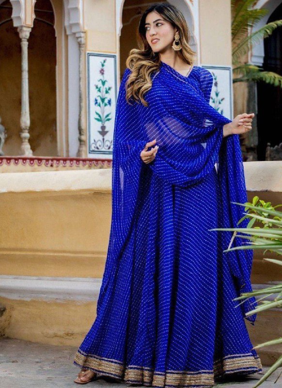 Royal Blue Georgette Printed Lehenga Choli Set with Gota Patti Work & Lace Border Dupatta