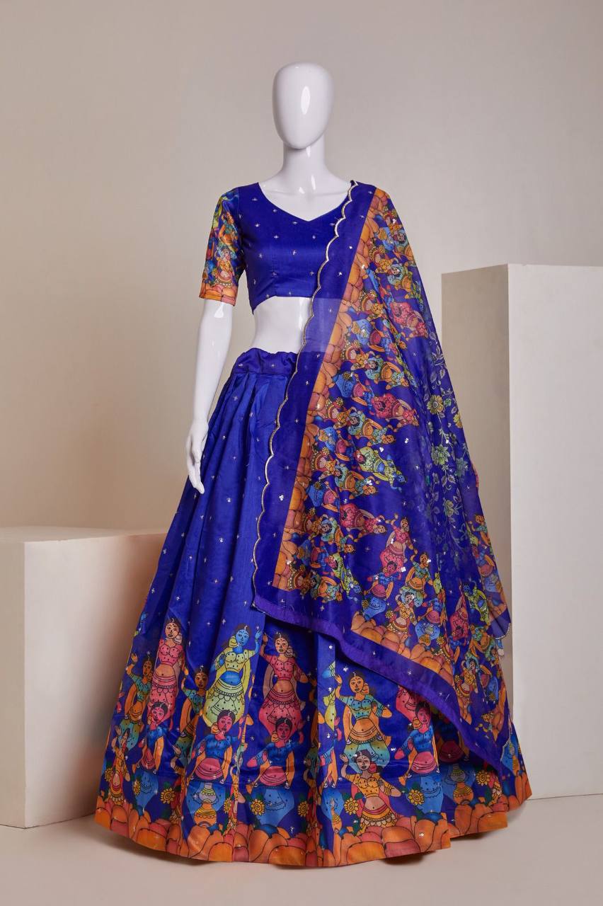 Royal Blue Luxury Heavy Silk Lehenga Set with Embroidery, Sequins & Printed Detailing