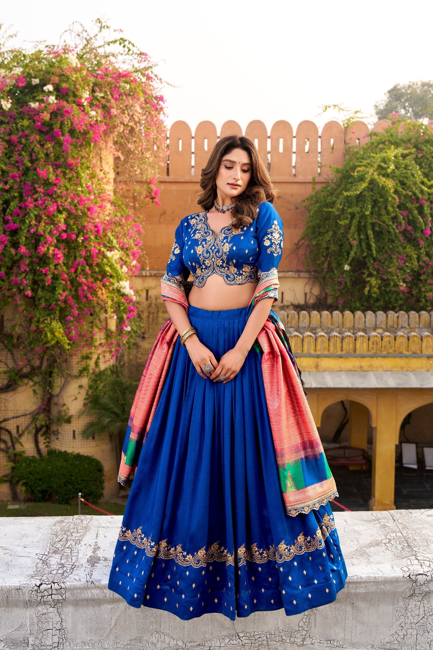 Royal Blue Silk Embroidered Lehenga Set
