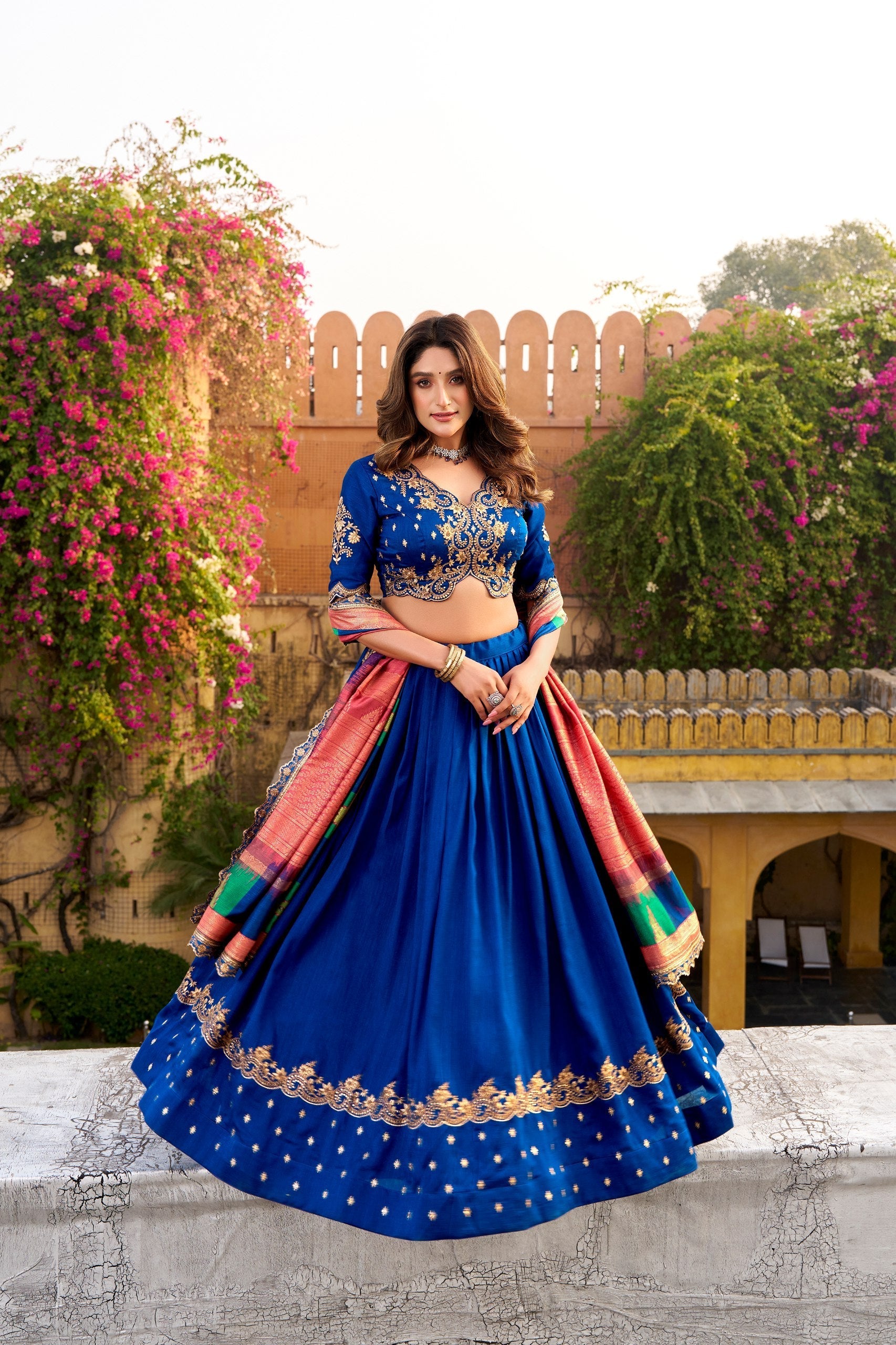 Royal Blue Silk Embroidered Lehenga Set