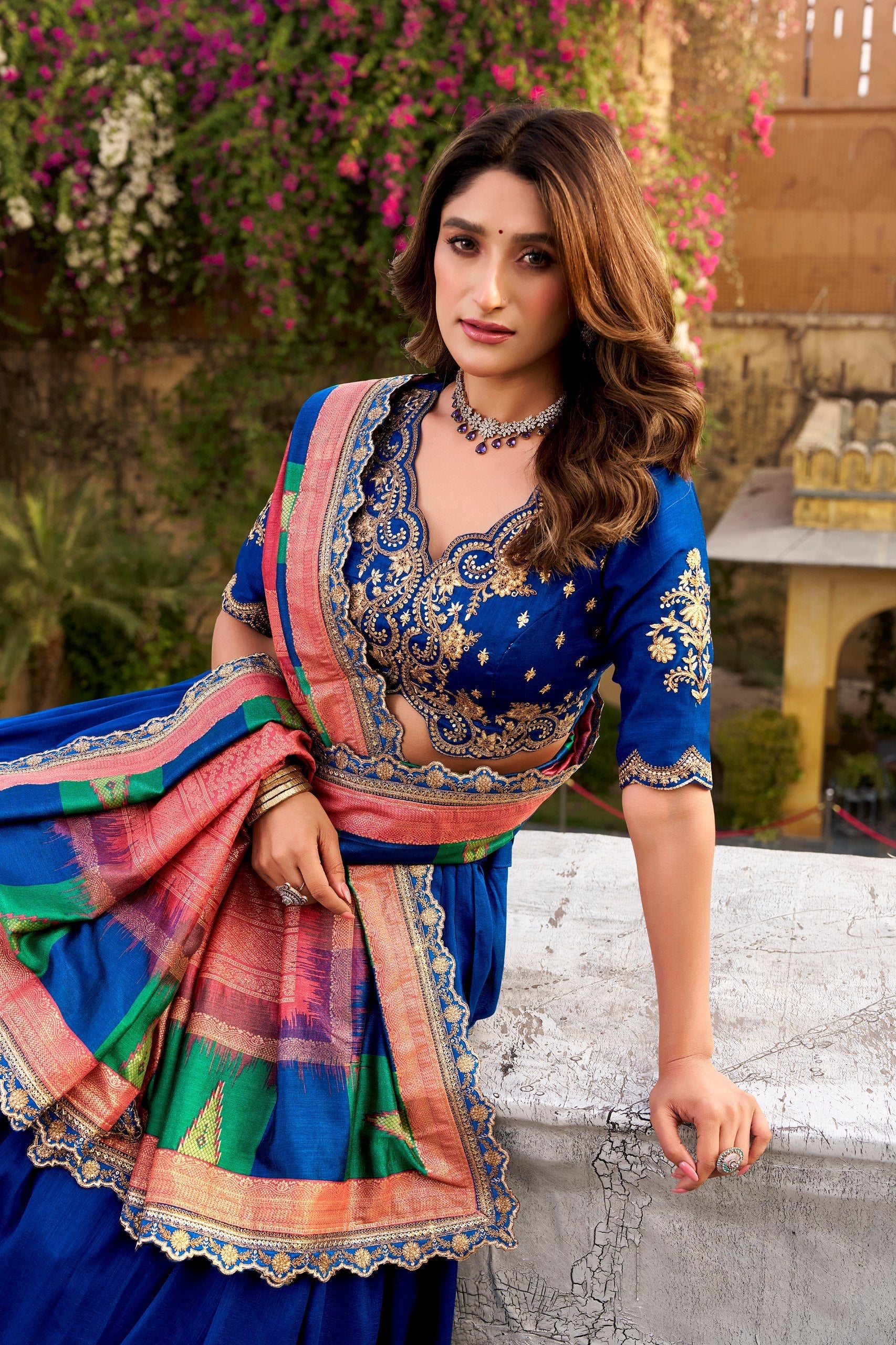 Royal Blue Silk Embroidered Lehenga Set
