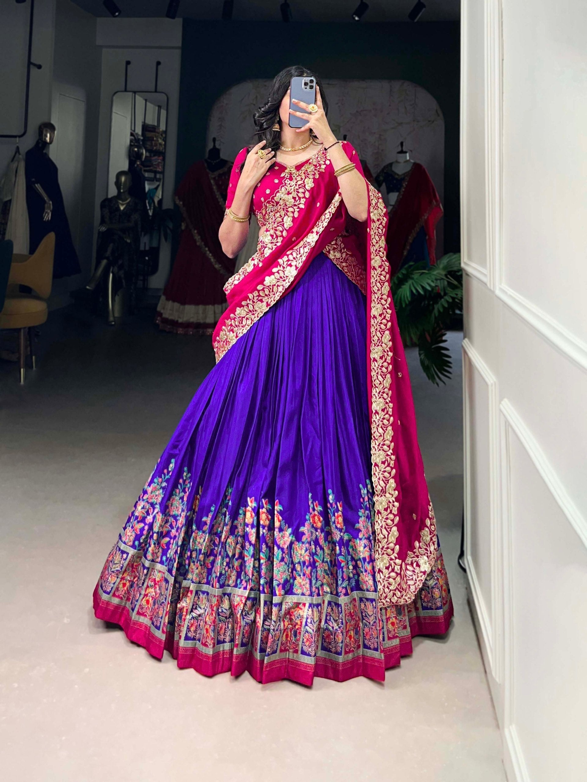 Royal Blue Tussar Silk Printed Lehenga Set with Embroidered Vichitra Silk Blouse & Dupatta