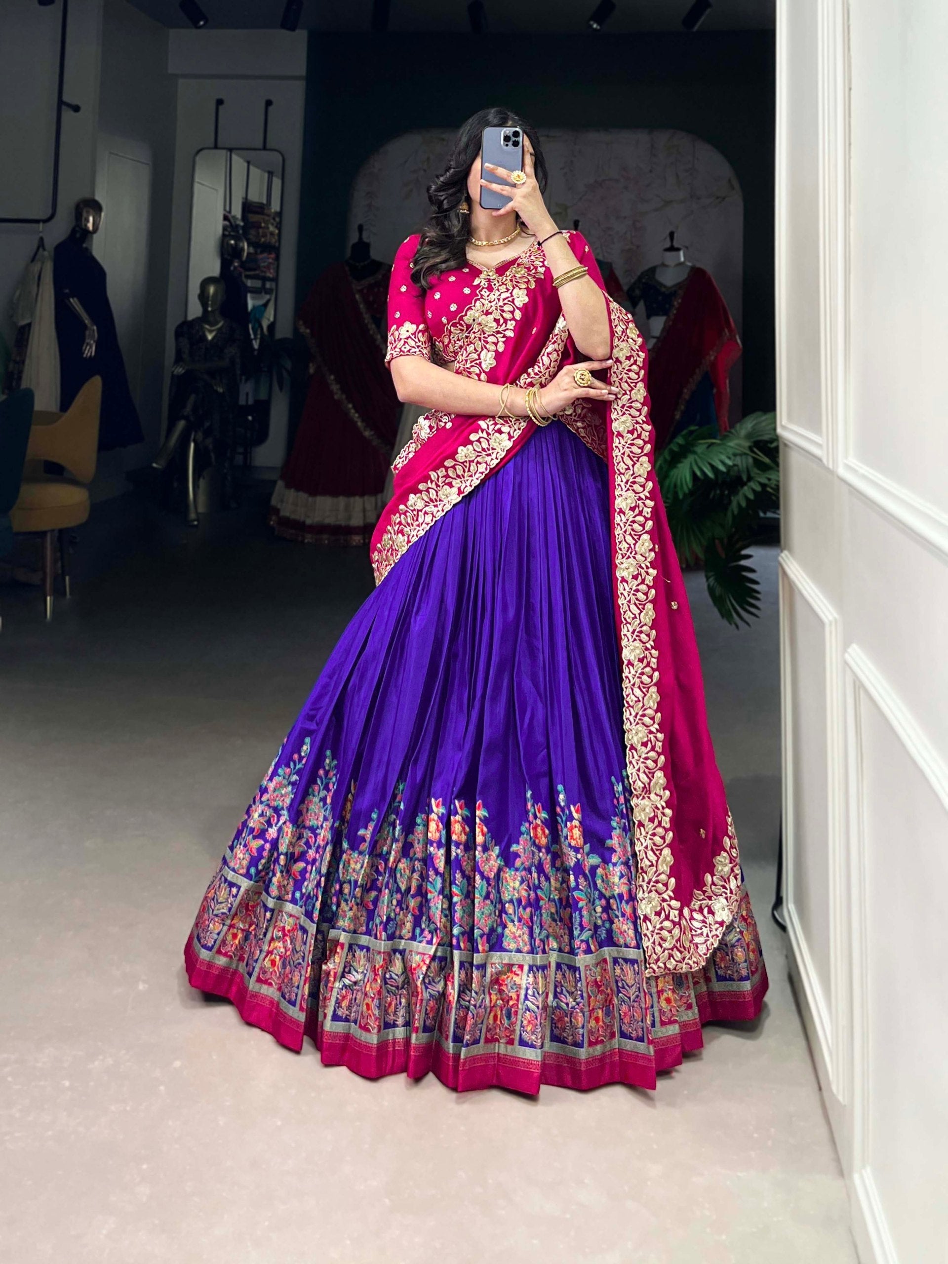 Royal Blue Tussar Silk Printed Lehenga Set with Embroidered Vichitra Silk Blouse & Dupatta