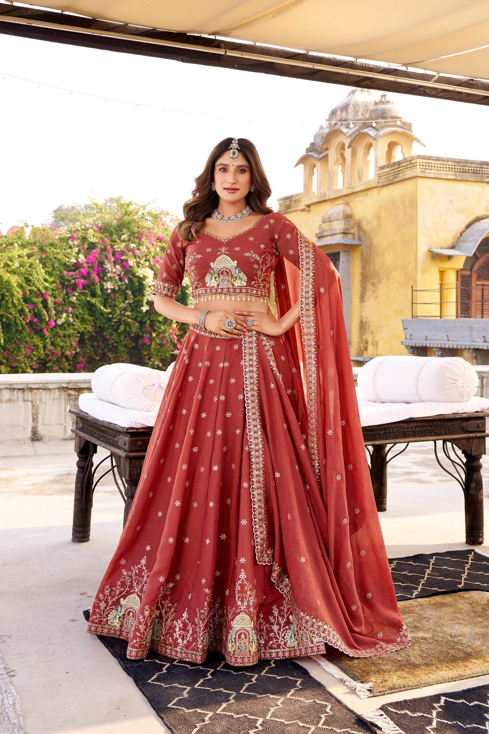 Rust Chocolate Crush Sequins & Thread Embroidered Lehenga Choli Set with 4-Meter Flair & Matching Dupatta