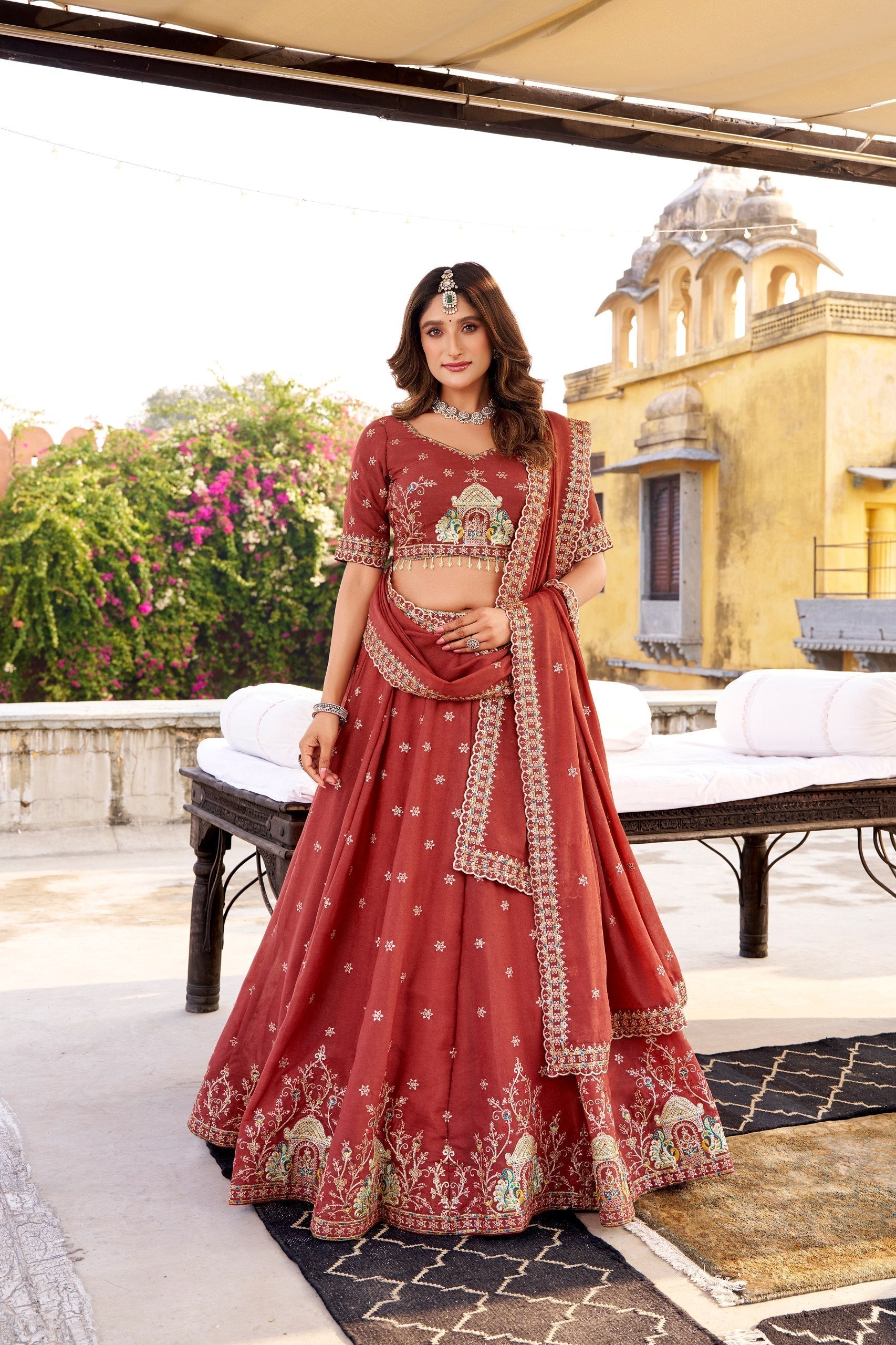 Rust Chocolate Crush Sequins & Thread Embroidered Lehenga Choli Set with 4-Meter Flair & Matching Dupatta