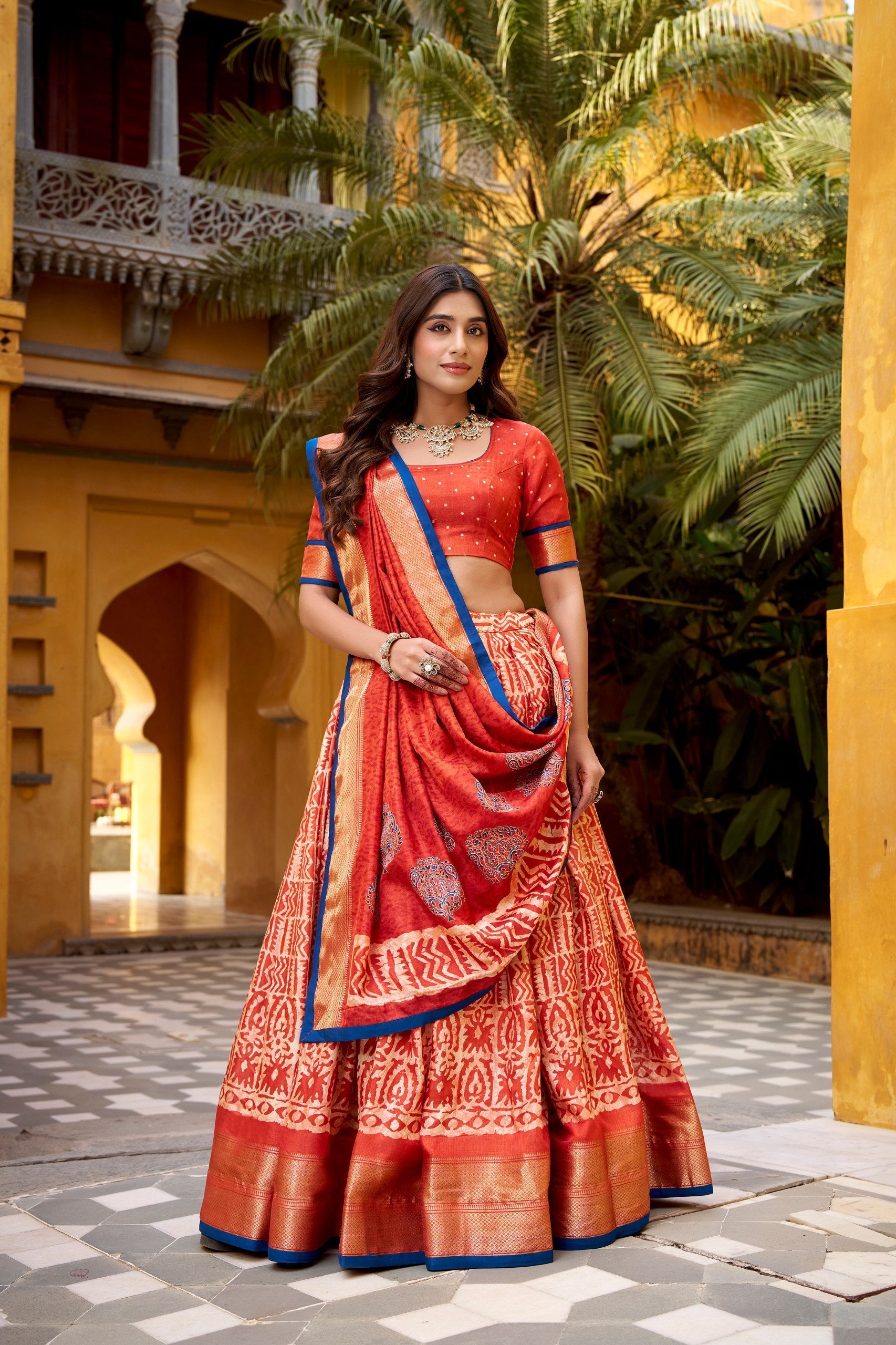 Rust Dola Silk Batik Print Lehenga Choli Set with Zari Weaving & Matching Dupatta – Fully Stitched Designer Ethnic Wear