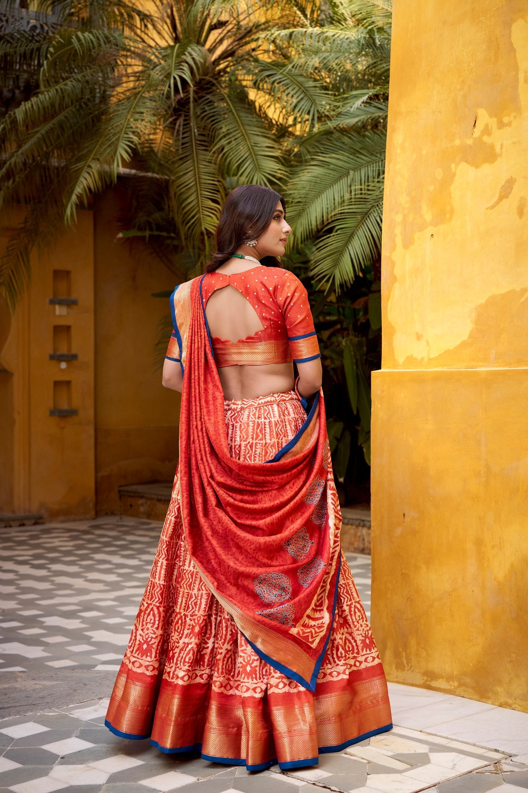 Rust Dola Silk Batik Print Lehenga Choli Set with Zari Weaving & Matching Dupatta – Fully Stitched Designer Ethnic Wear