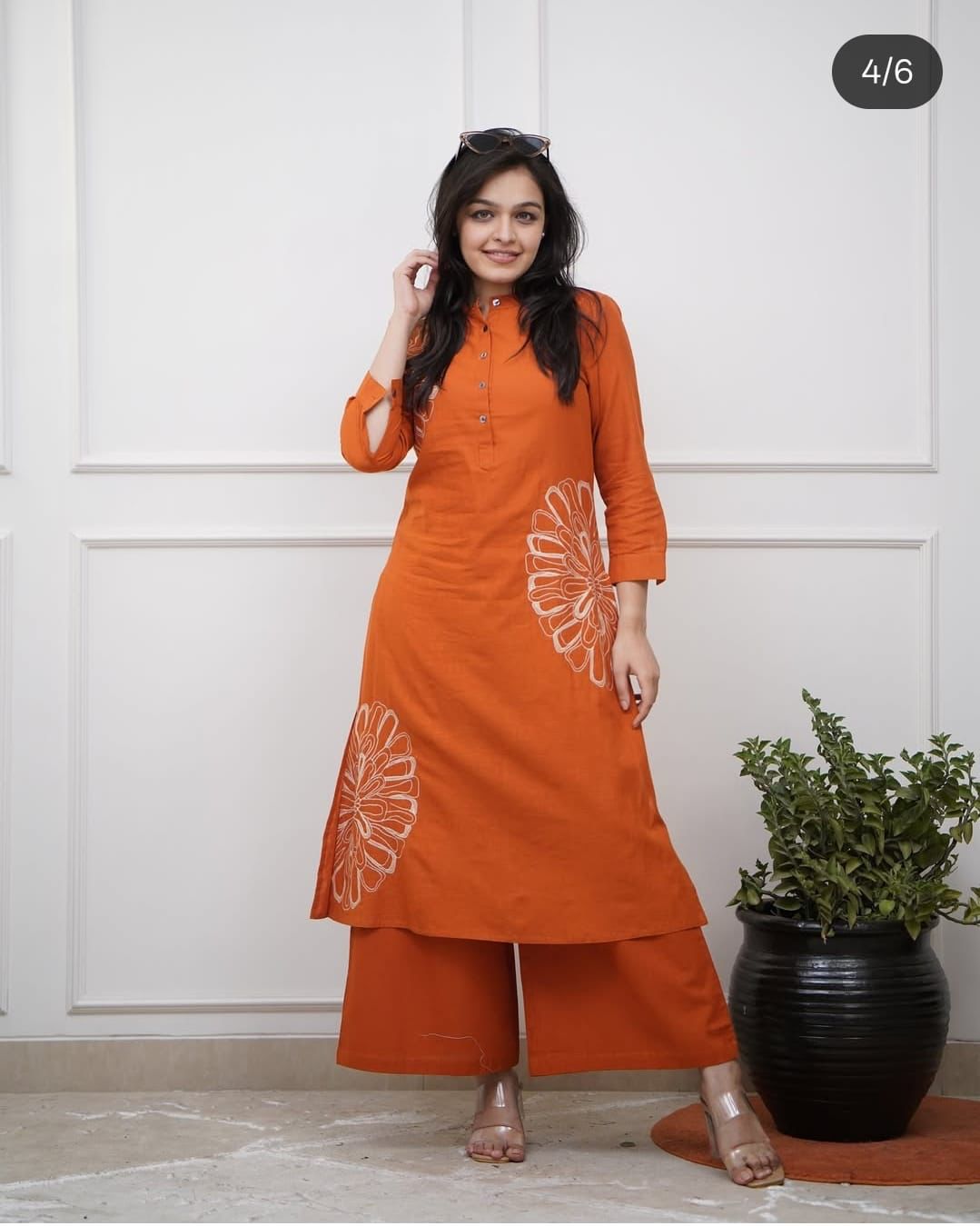 Rust Embroidered Cotton Kurti Pant Set with 3/4 Sleeves
