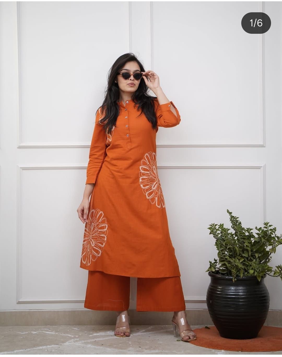 Rust Embroidered Cotton Kurti Pant Set with 3/4 Sleeves