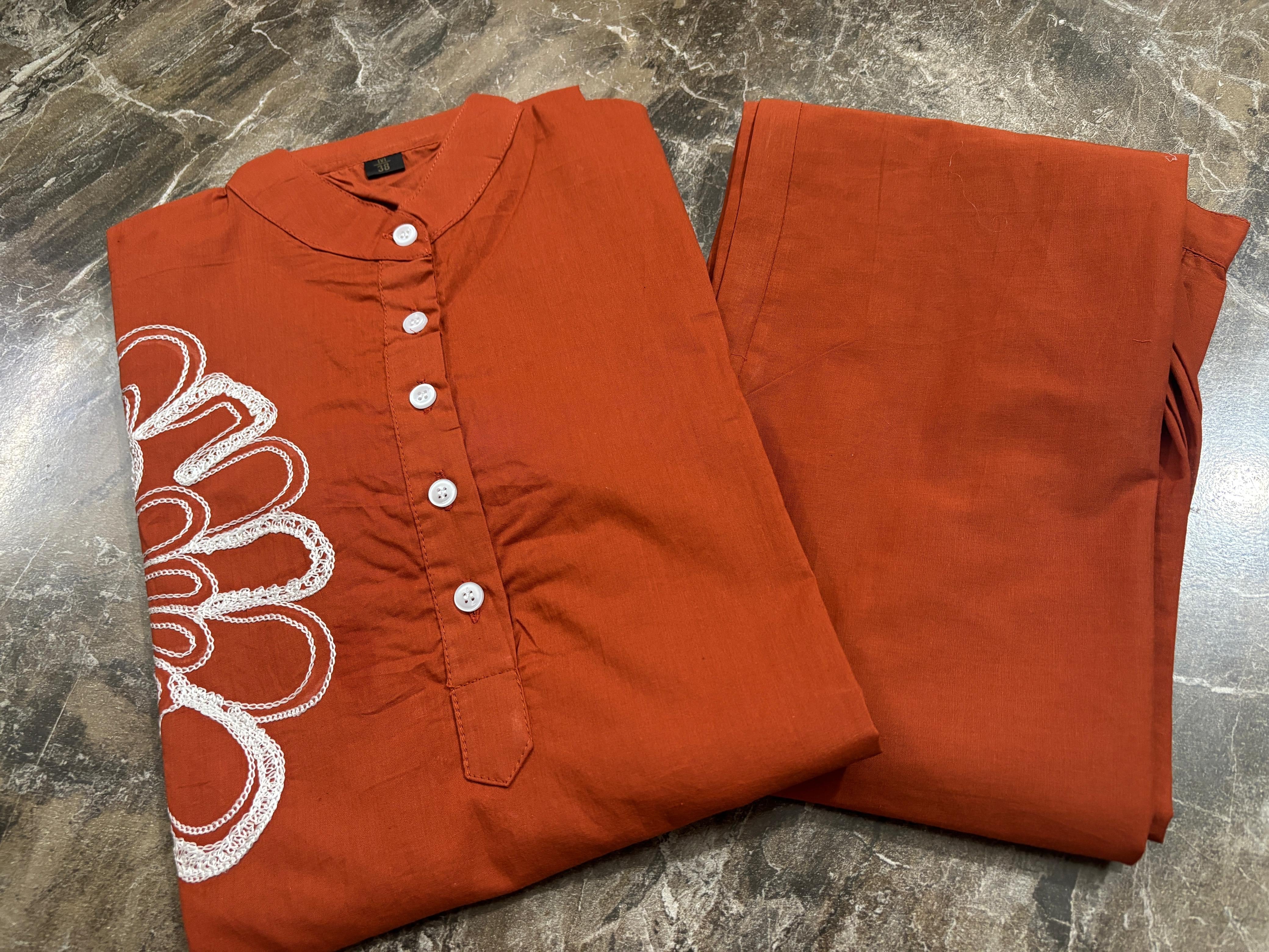 Rust Embroidered Cotton Kurti Pant Set with 3/4 Sleeves