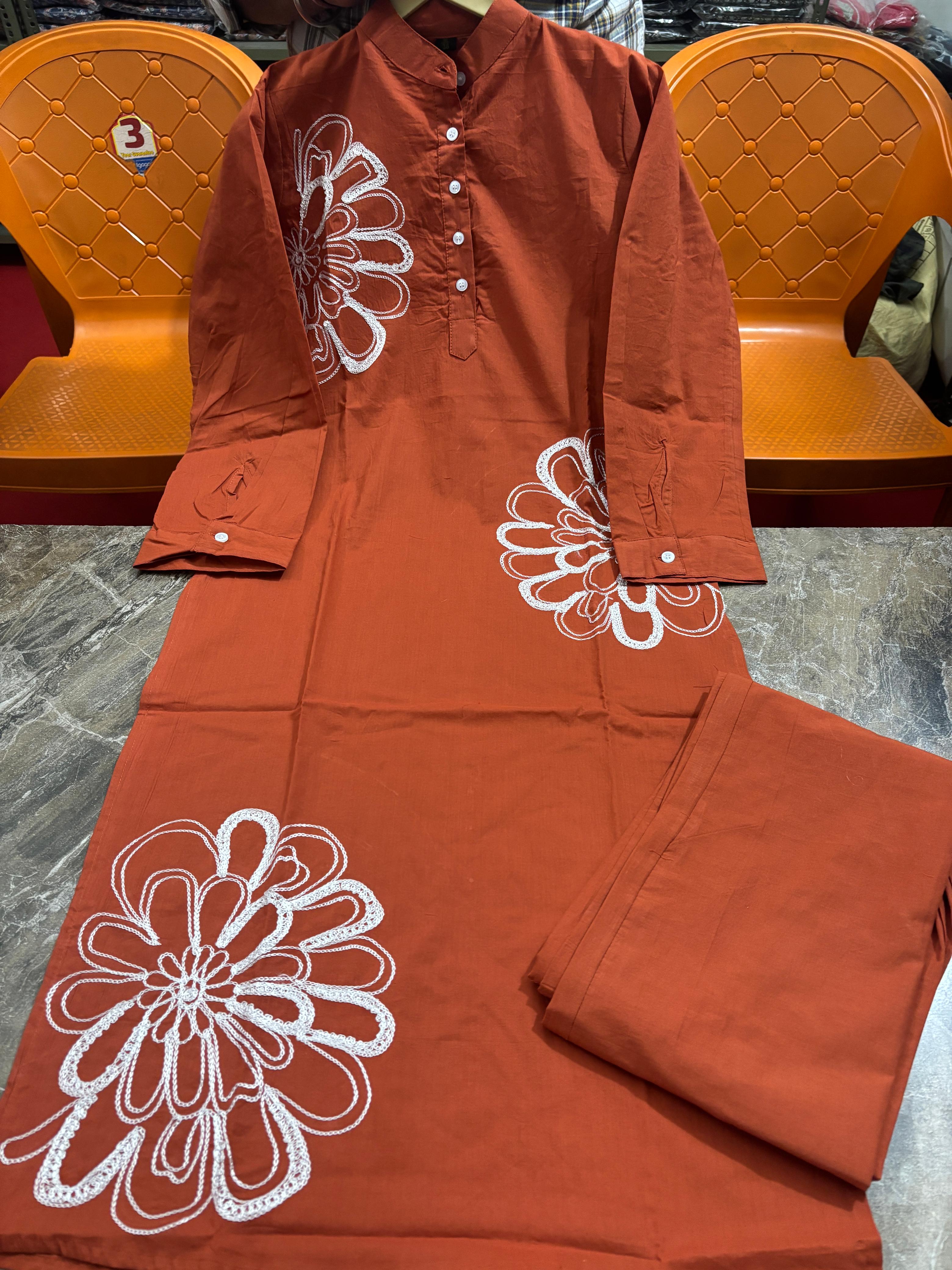 Rust Embroidered Cotton Kurti Pant Set with 3/4 Sleeves