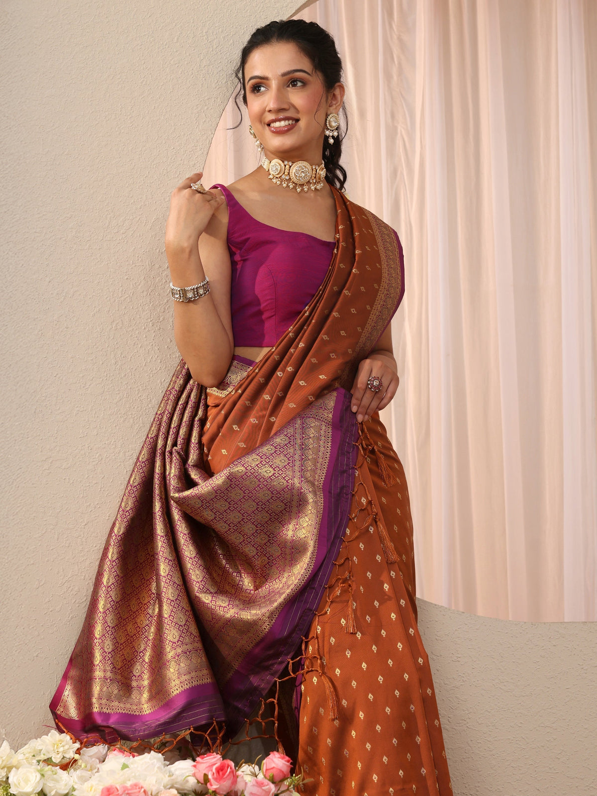 Anouk Rust Kanjeevaram Silk Blend Saree