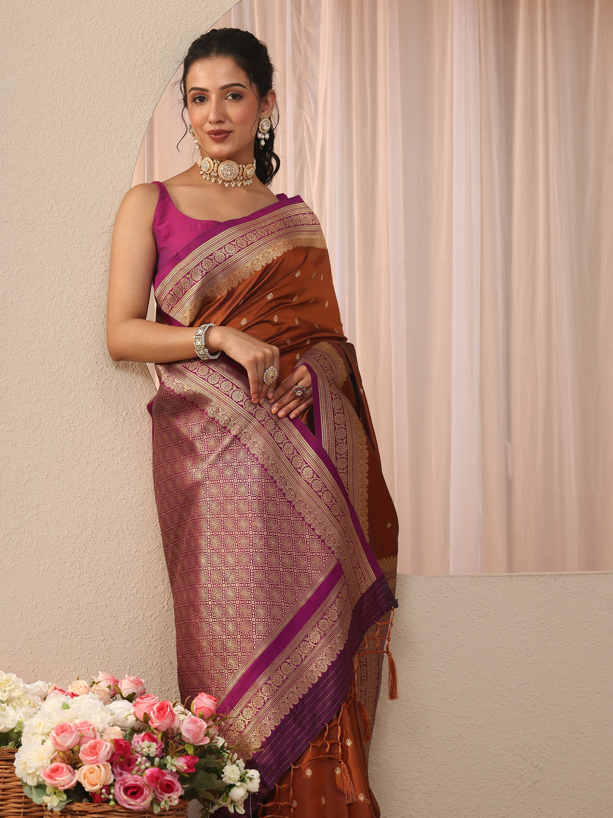Anouk Rust Kanjeevaram Silk Blend Saree