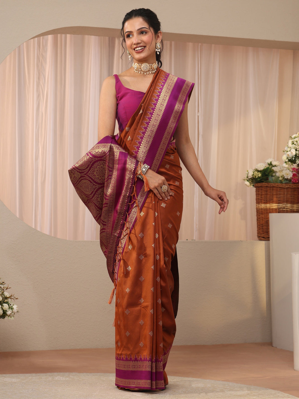 Anouk Rust Kanjeevaram Silk Blend Saree