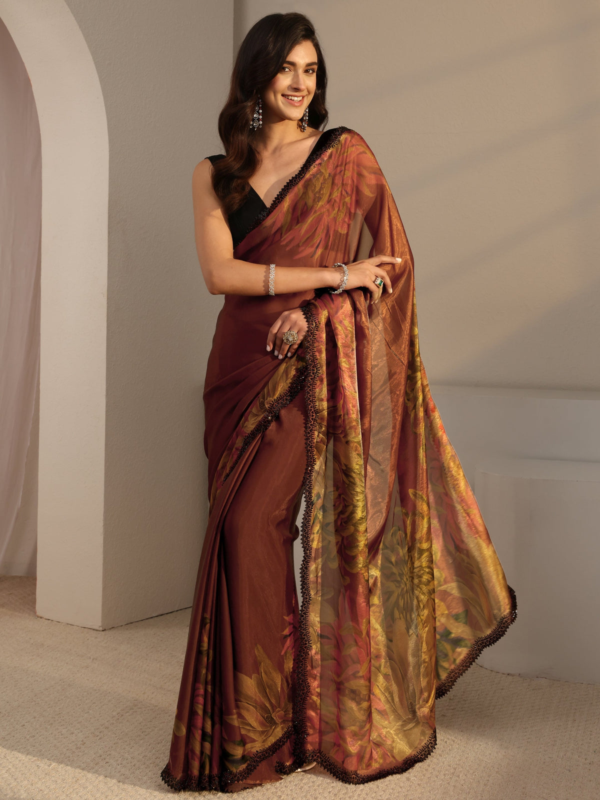 Anouk Rust Floral Printed Satin Saree With Unstitched Blouse Piece