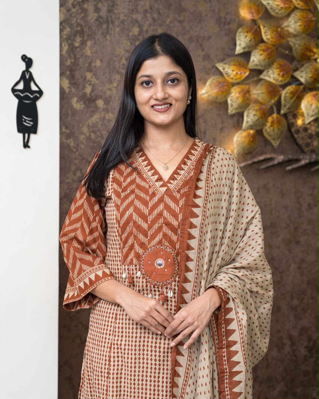 Rust Orange Chevron Print Cotton Suit Set with Malmal Dupatta