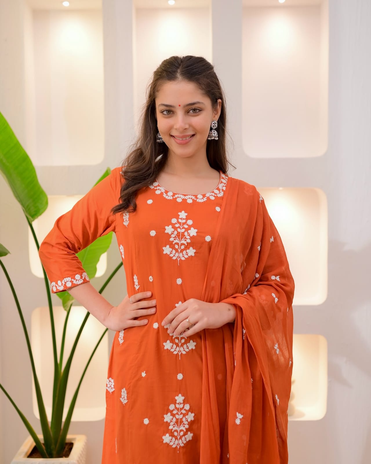 Rust Orange Cotton Kurta Set with White Embroidery, Pant & Dupatta