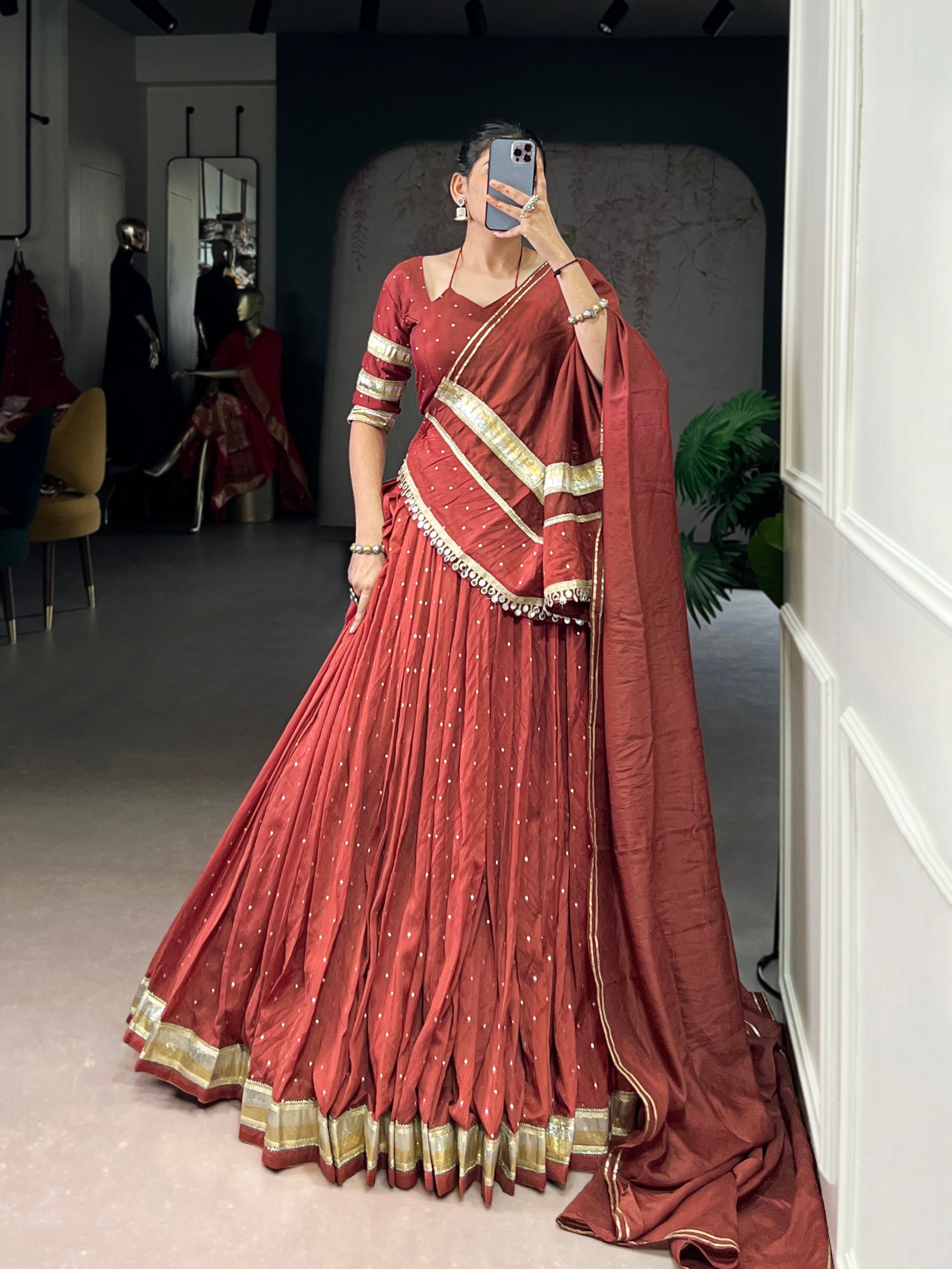 Rust Orange Elegant Pure Chanderi Zari Weaving Lehenga Set with Embossed Design & Lace Touch-Up – 6-Meter Flair Stitched Lehenga, Blouse & Dupatta