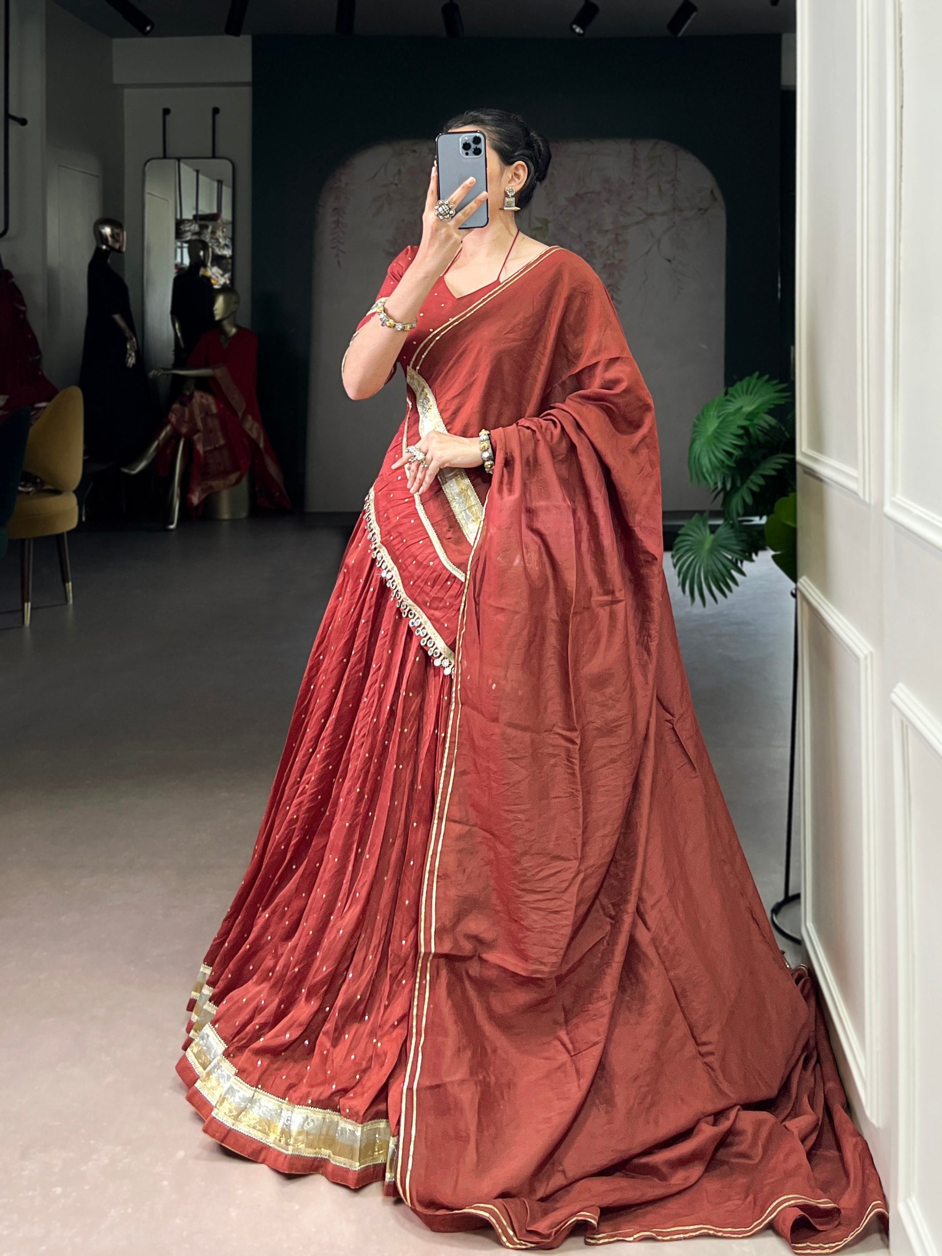 Rust Orange Elegant Pure Chanderi Zari Weaving Lehenga Set with Embossed Design & Lace Touch-Up – 6-Meter Flair Stitched Lehenga, Blouse & Dupatta