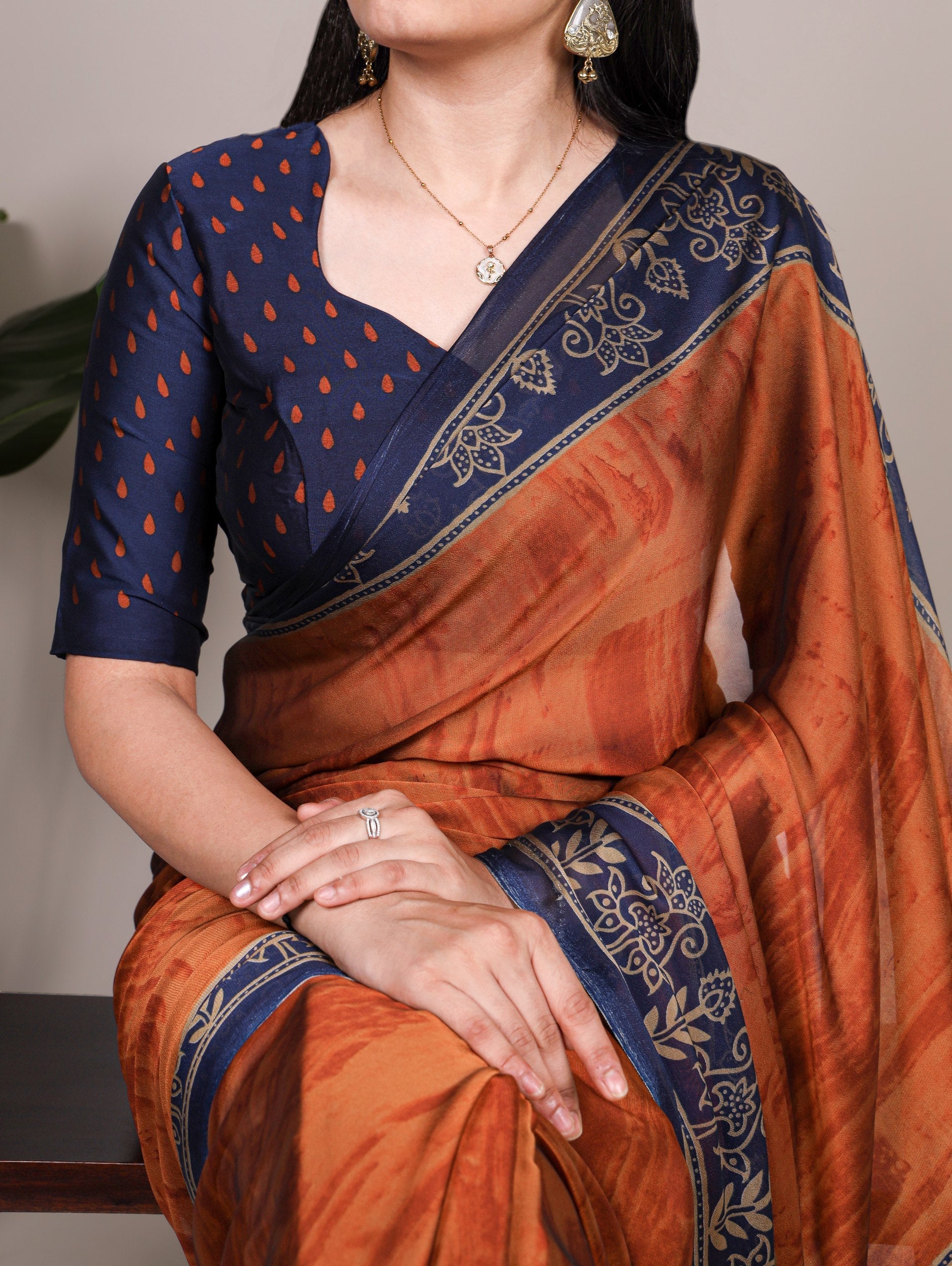 Rust Orange Elegant Rangoli Silk Printed Saree with Matching Unstitched Blouse – Lightweight Daily, Festive & Casual Wear
