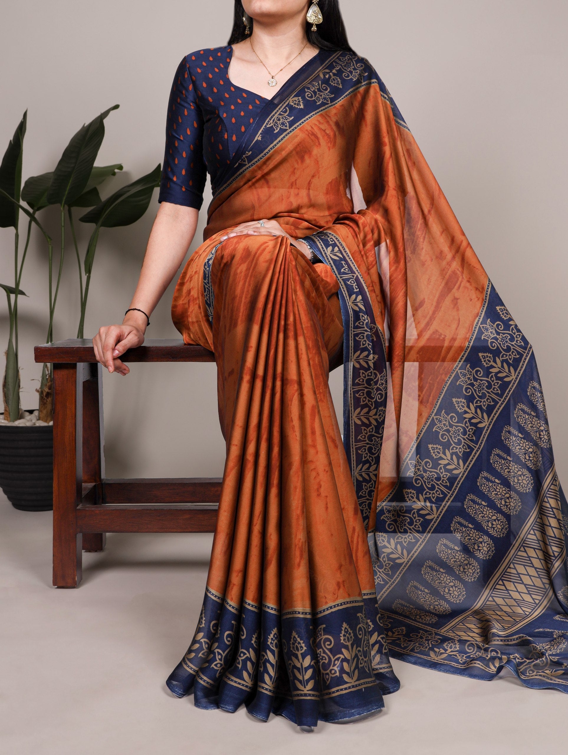 Rust Orange Elegant Rangoli Silk Printed Saree with Matching Unstitched Blouse – Lightweight Daily, Festive & Casual Wear