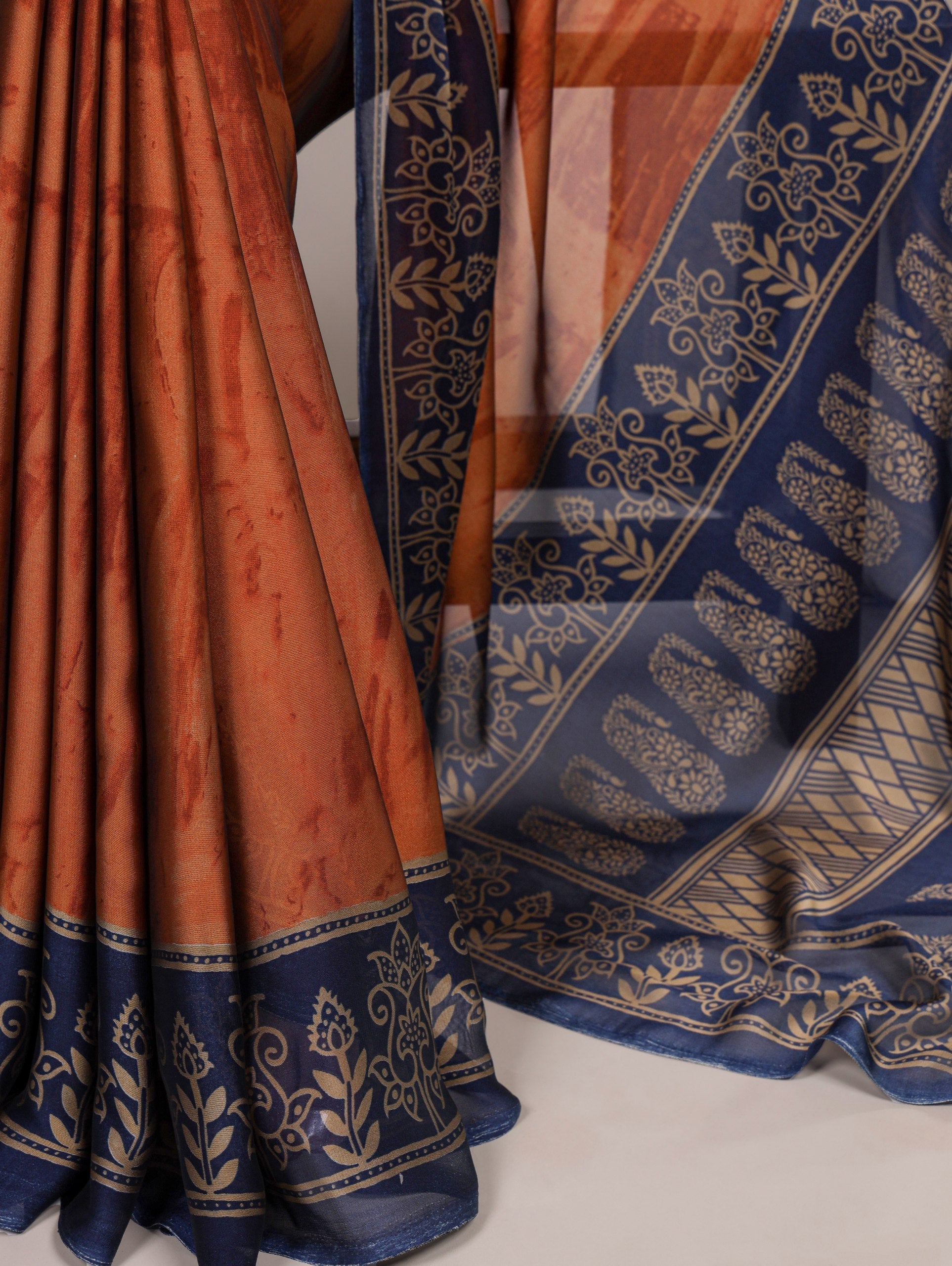 Rust Orange Elegant Rangoli Silk Printed Saree with Matching Unstitched Blouse – Lightweight Daily, Festive & Casual Wear