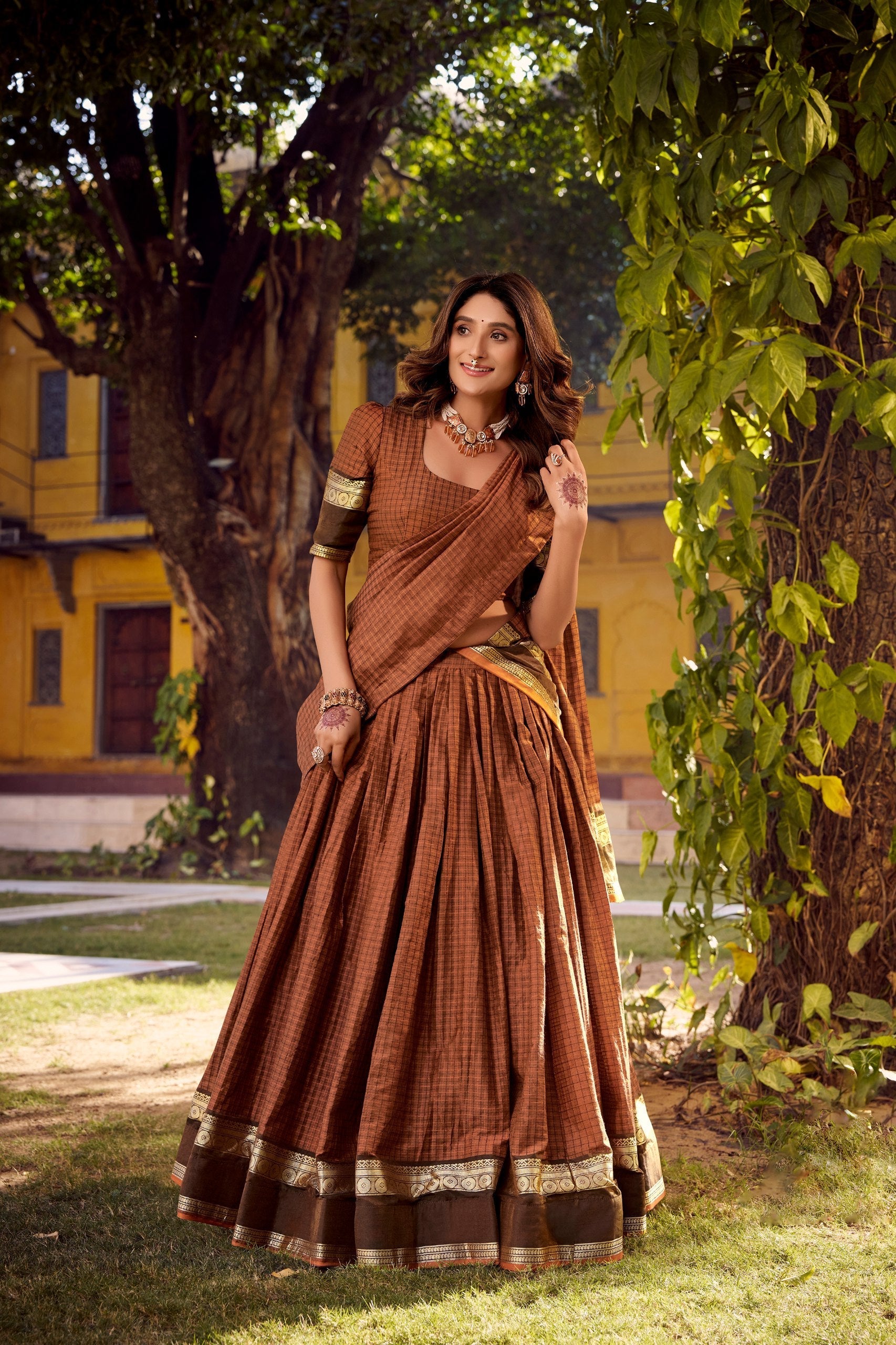 Rust Orange Elegant Stitched Chettinad Cotton Lehenga with Checks & Zari Weaving – Traditional Festive Wear Set