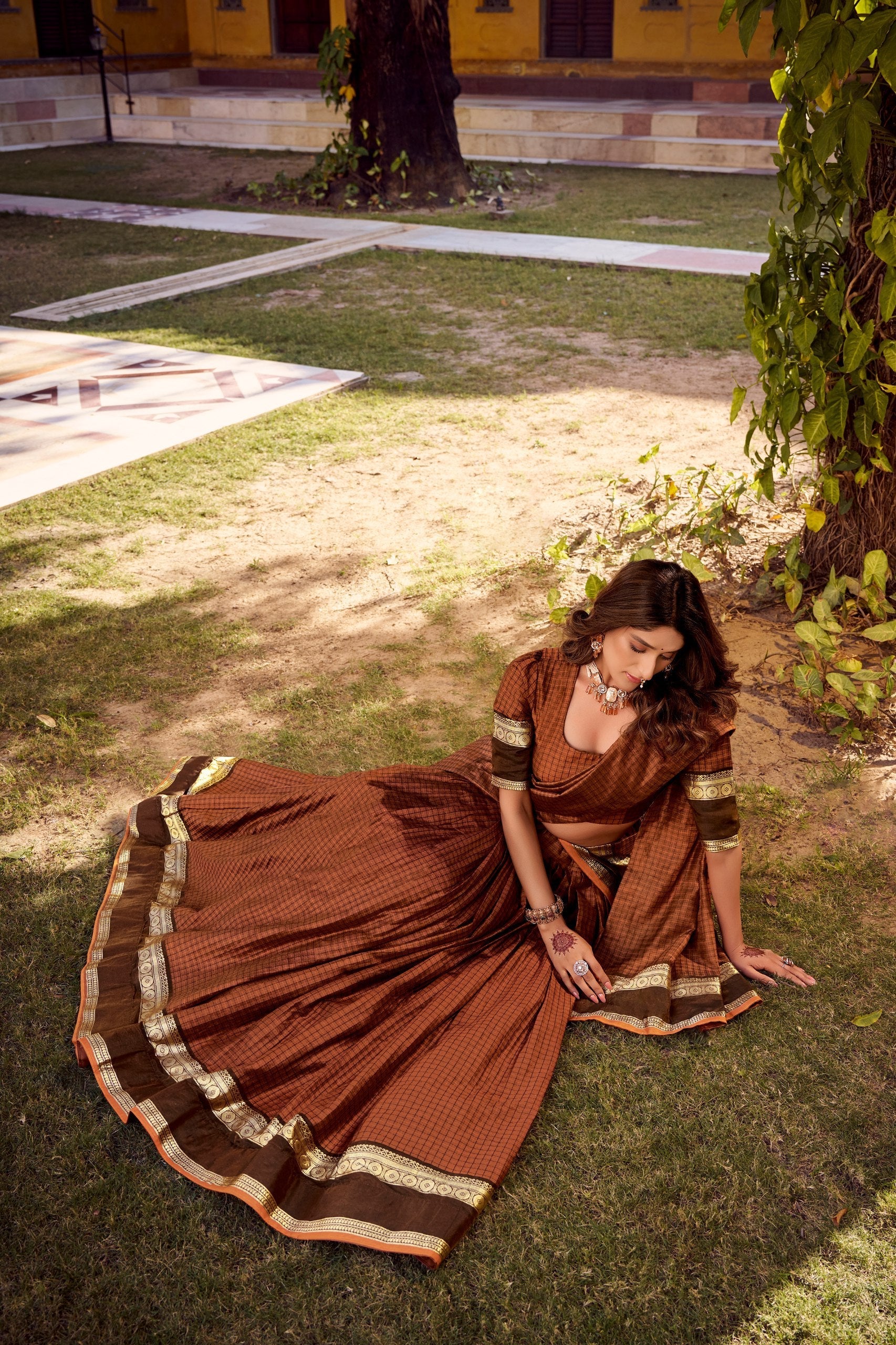 Rust Orange Elegant Stitched Chettinad Cotton Lehenga with Checks & Zari Weaving – Traditional Festive Wear Set