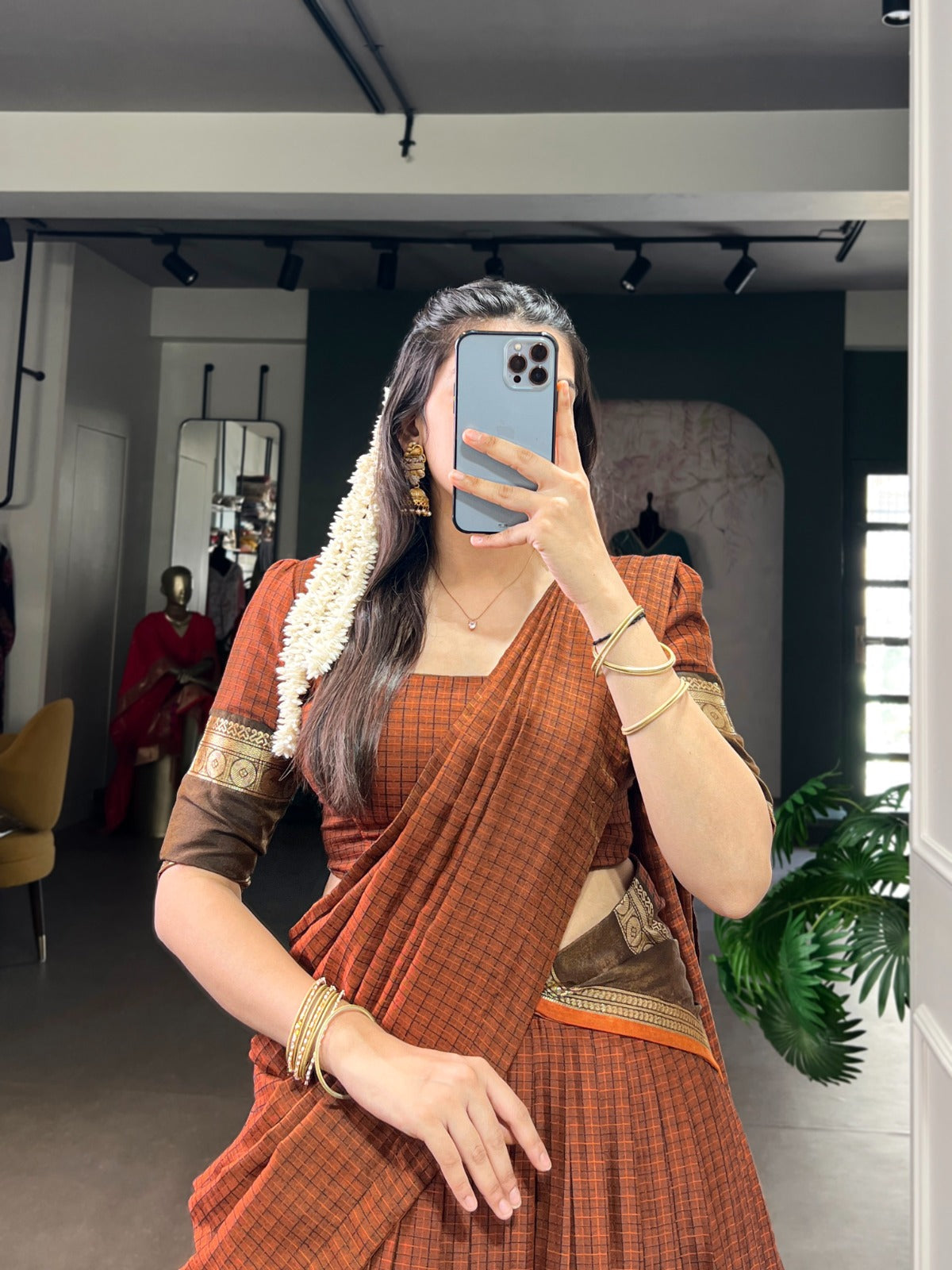 Rust Orange Elegant Stitched Chettinad Cotton Lehenga with Checks & Zari Weaving – Traditional Festive Wear Set