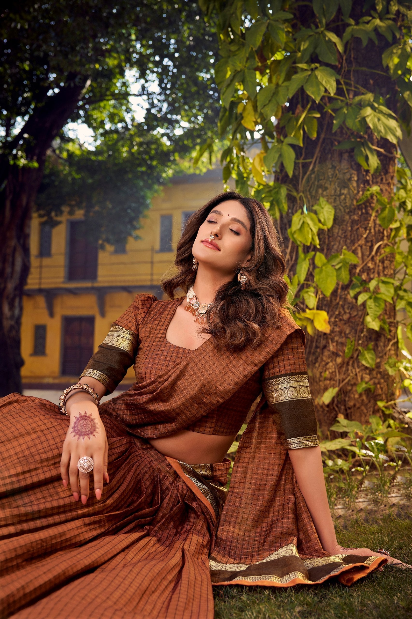 Rust Orange Elegant Stitched Chettinad Cotton Lehenga with Checks & Zari Weaving – Traditional Festive Wear Set