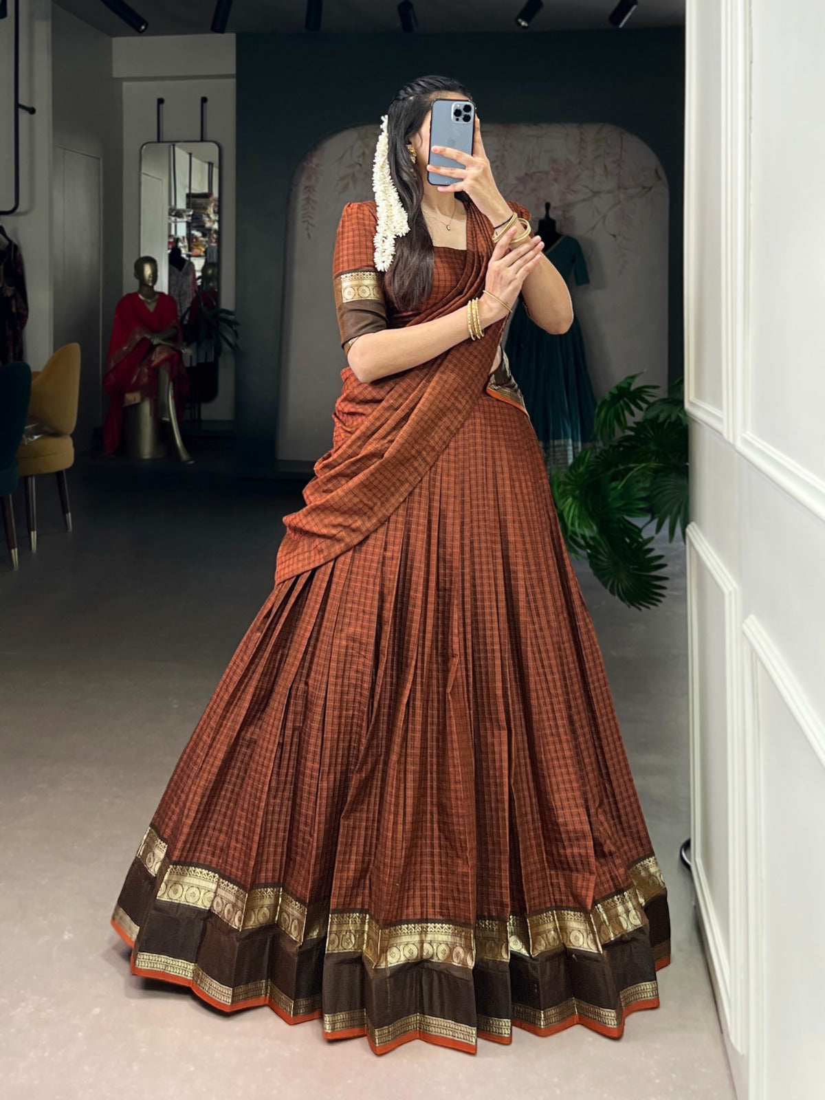 Rust Orange Elegant Stitched Chettinad Cotton Lehenga with Checks & Zari Weaving – Traditional Festive Wear Set