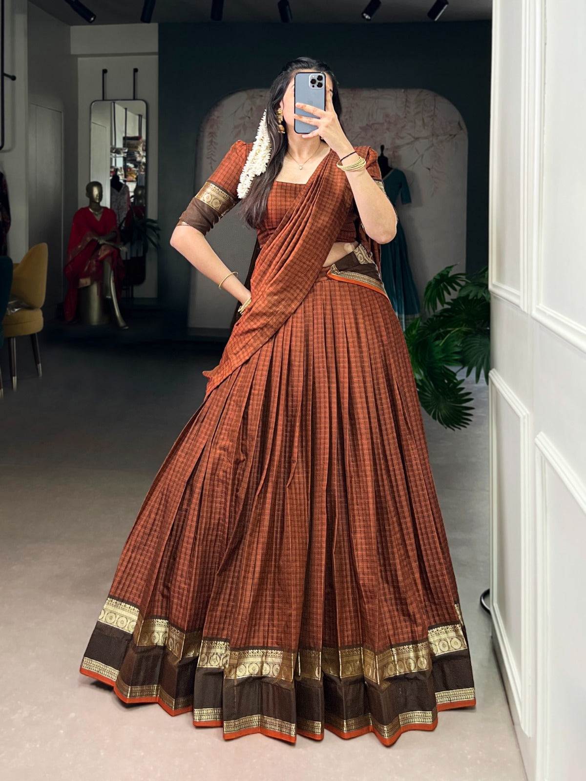 Rust Orange Elegant Stitched Chettinad Cotton Lehenga with Checks & Zari Weaving – Traditional Festive Wear Set