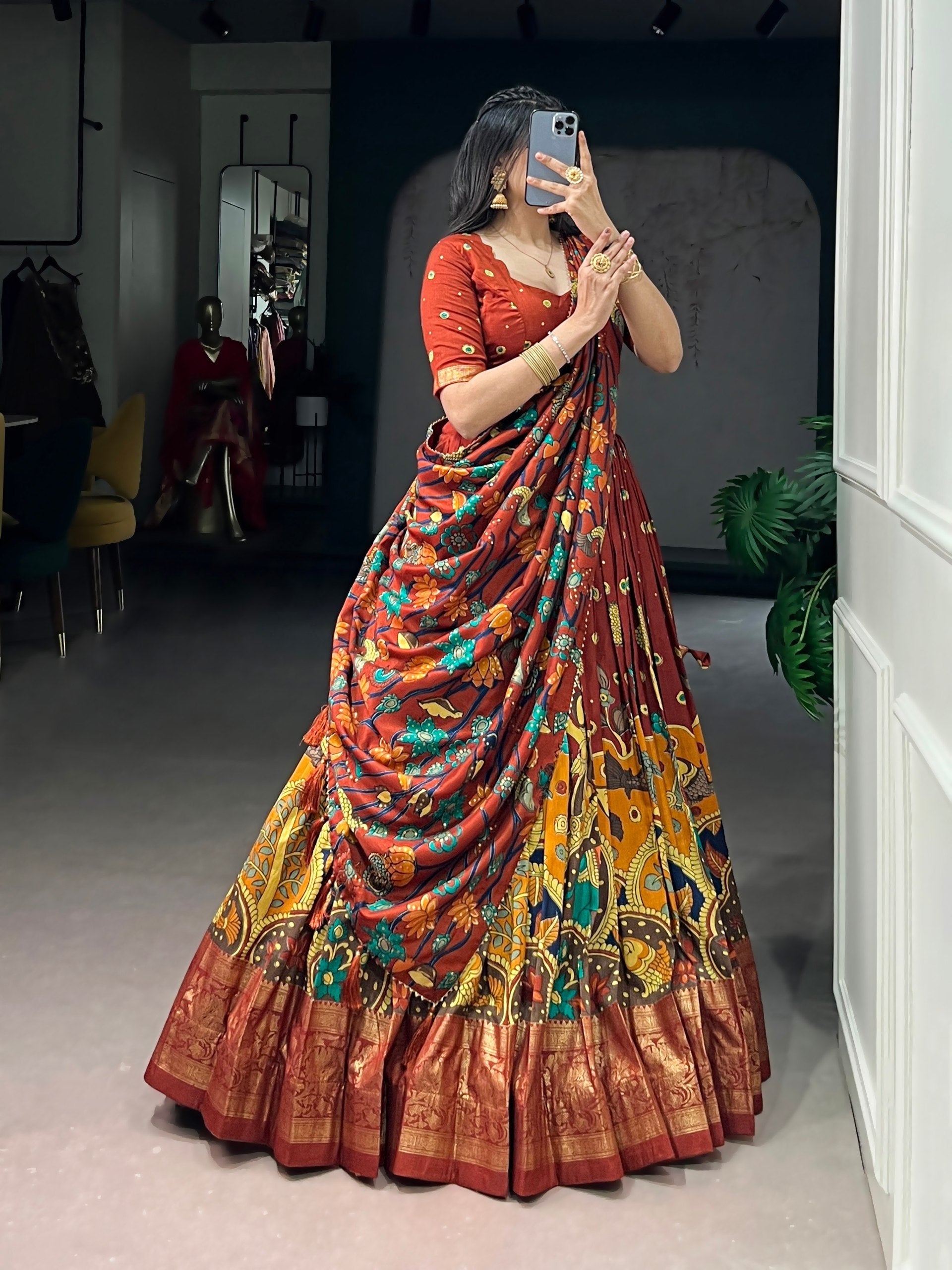 Rust Orange Kalamkari Print Lehenga