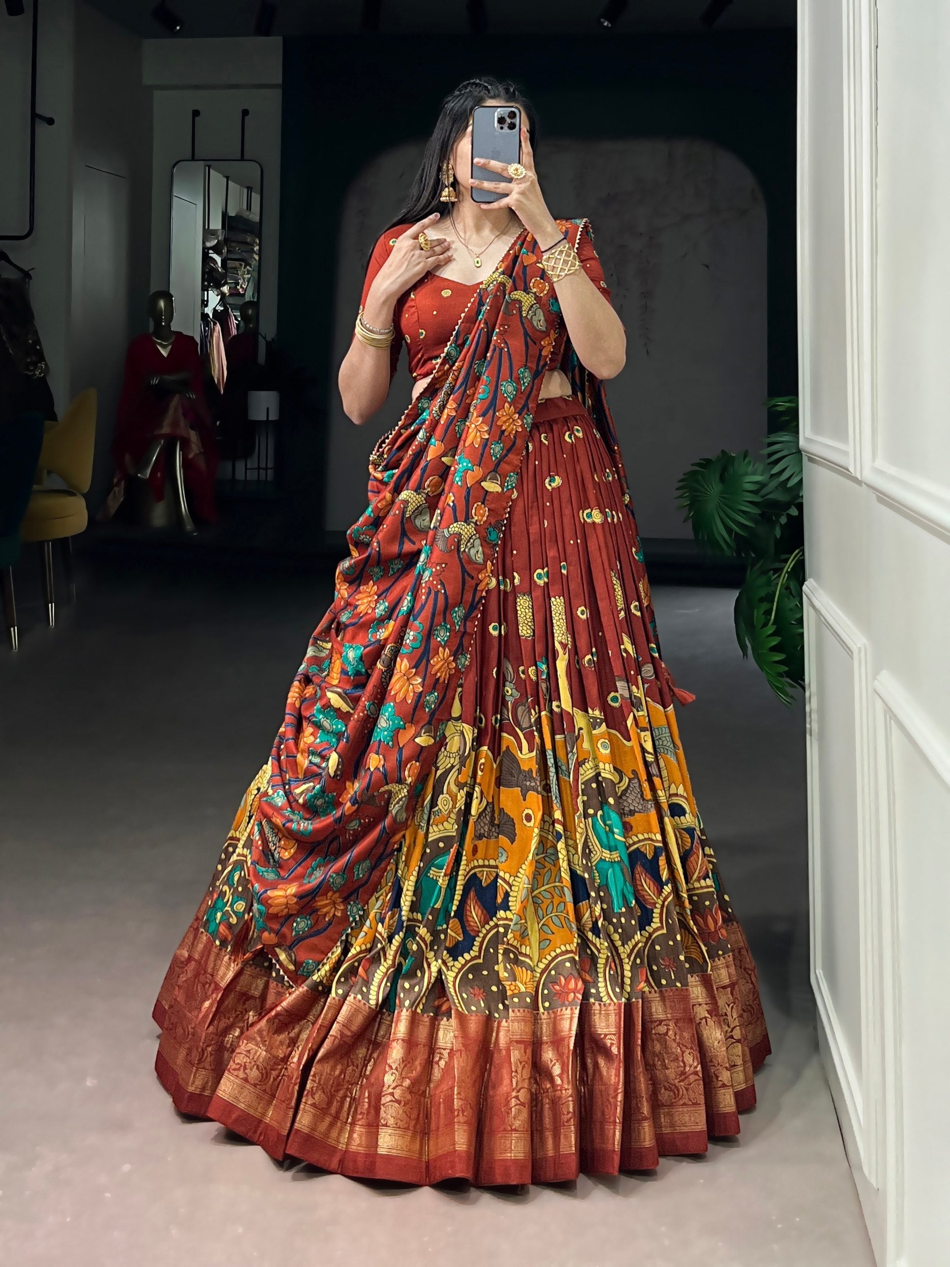 Rust Orange Kalamkari Print Lehenga