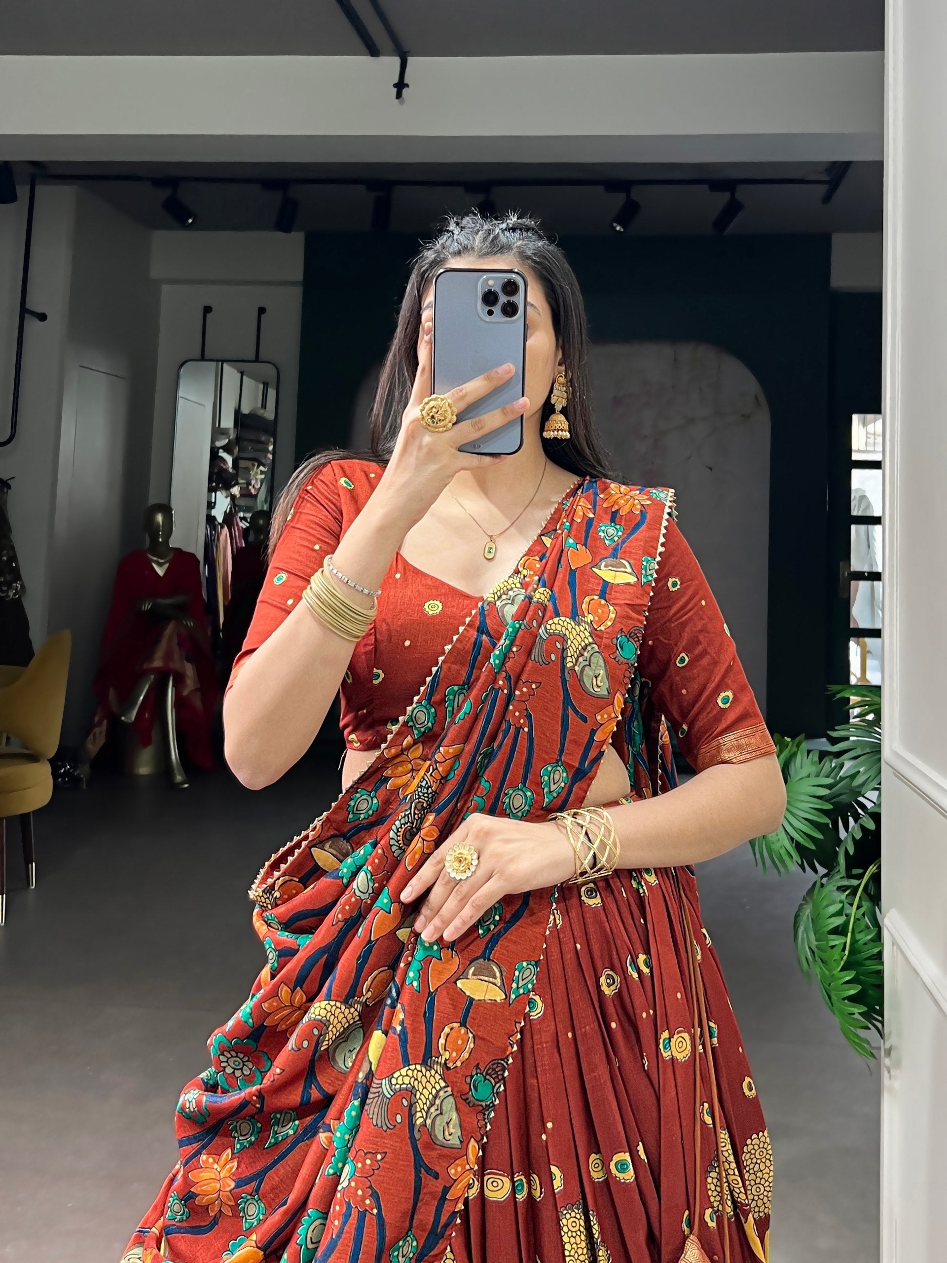 Rust Orange Kalamkari Print Lehenga