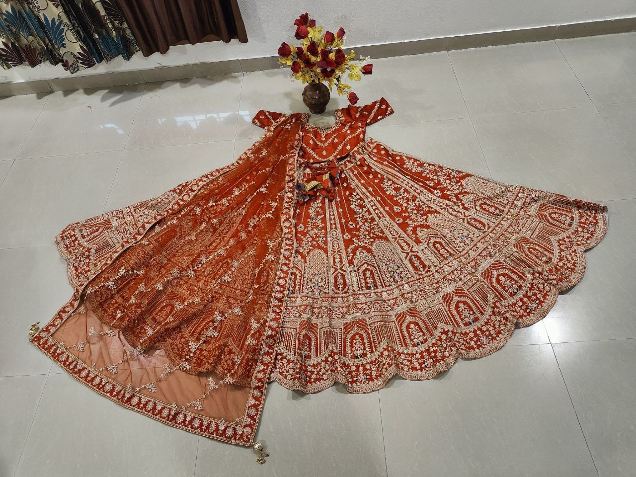 Rust Orange Royal Silk Bridal Lehenga