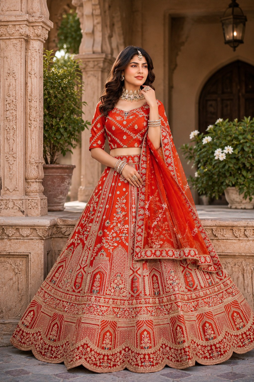 Rust Orange Royal Silk Bridal Lehenga