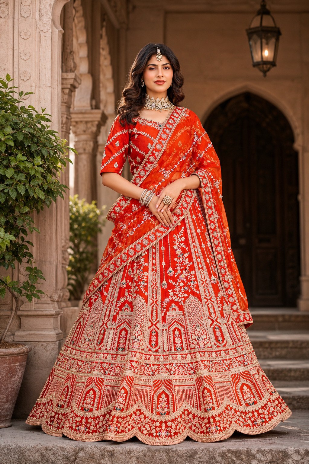 Rust Orange Royal Silk Bridal Lehenga