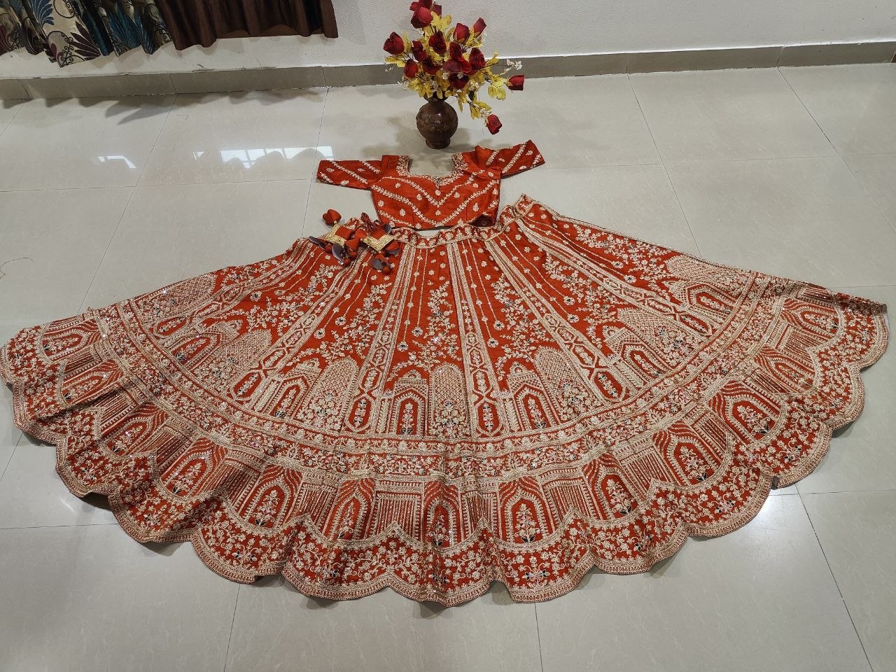 Rust Orange Royal Silk Bridal Lehenga