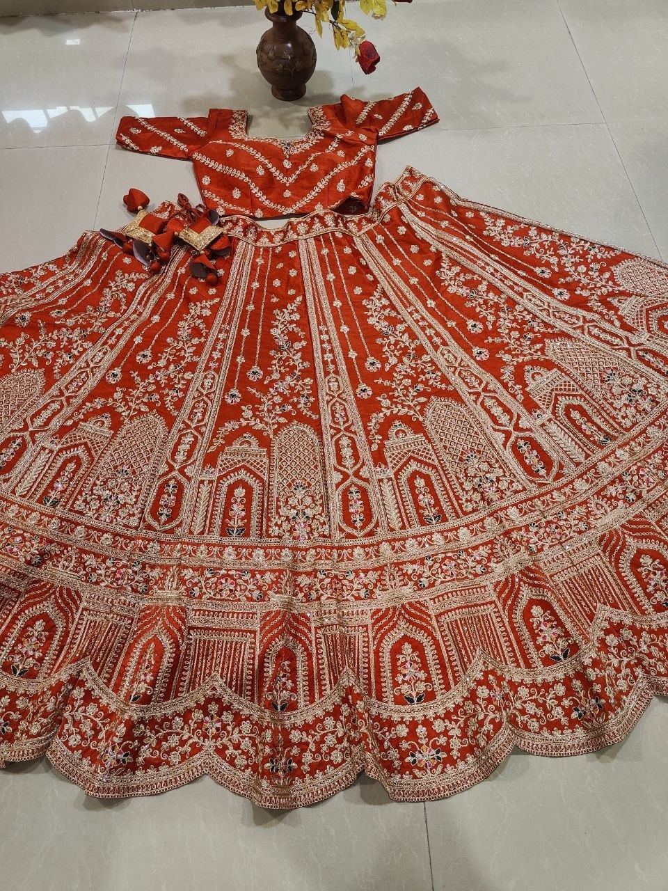 Rust Orange Royal Silk Bridal Lehenga