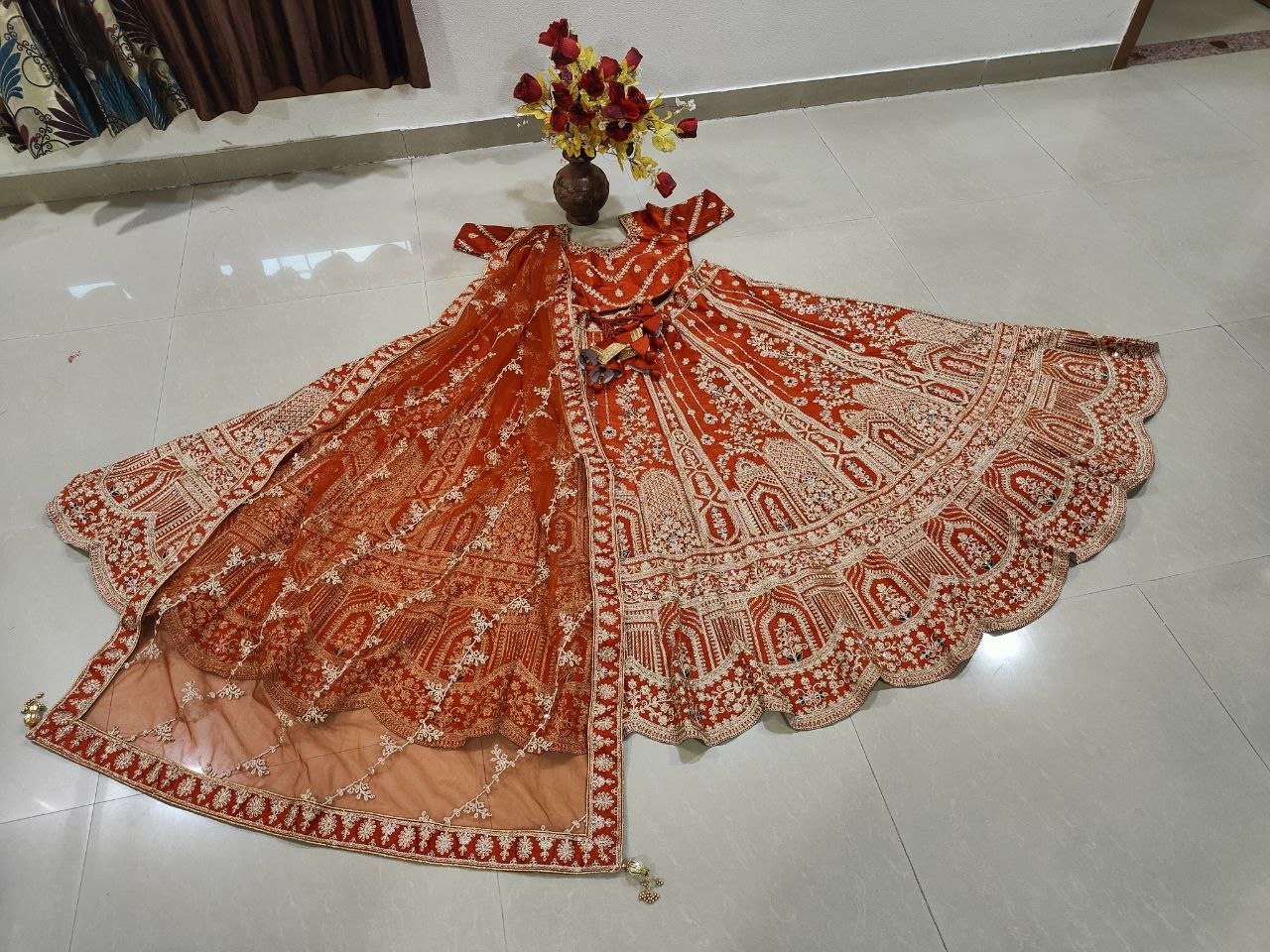 Rust Orange Royal Silk Bridal Lehenga