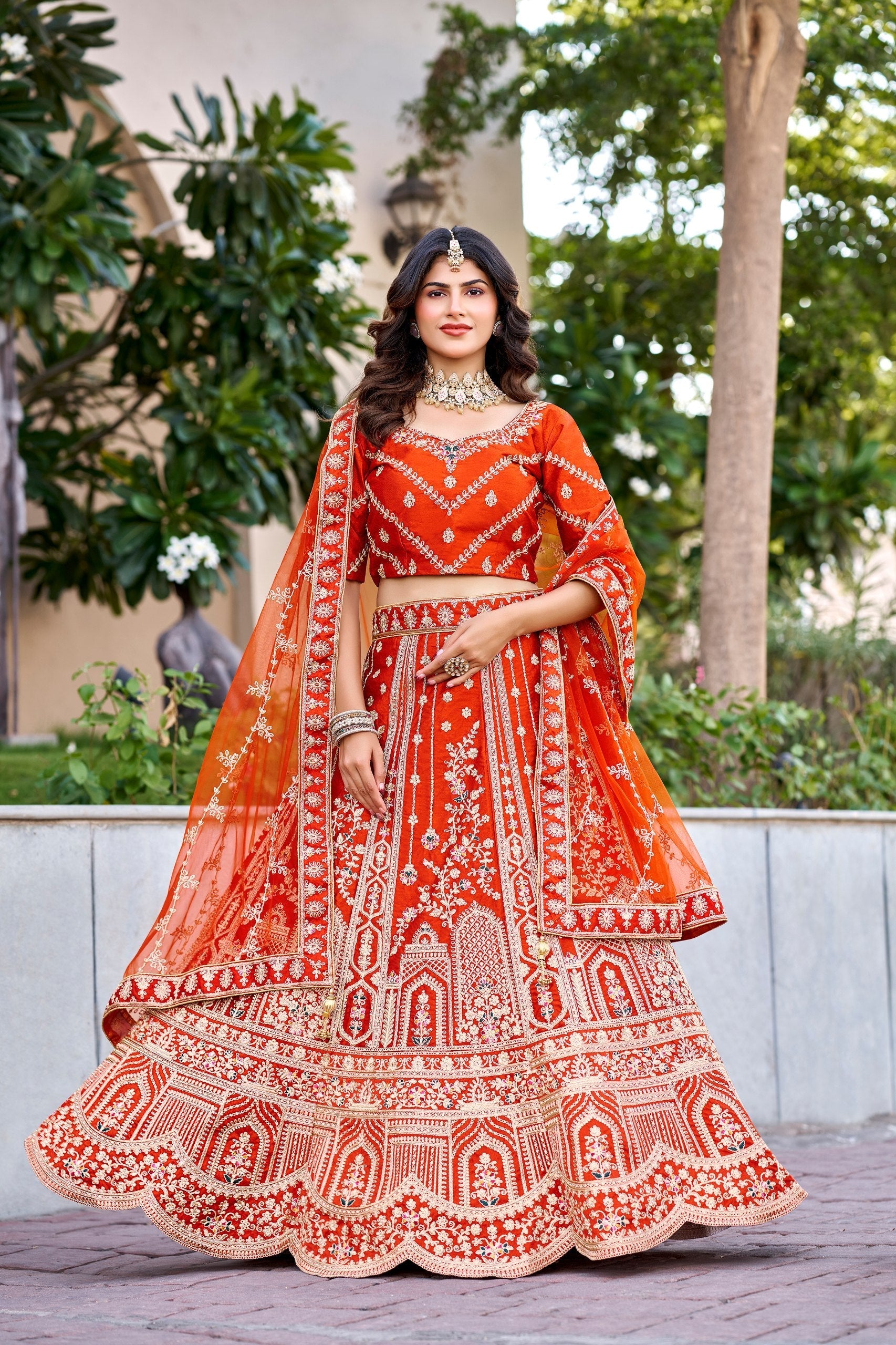 Rust Orange Royal Silk Bridal Lehenga