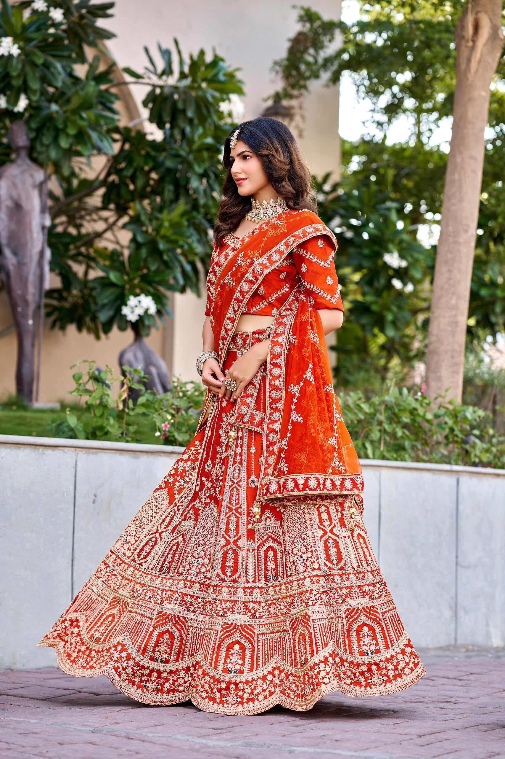 Rust Orange Royal Silk Bridal Lehenga