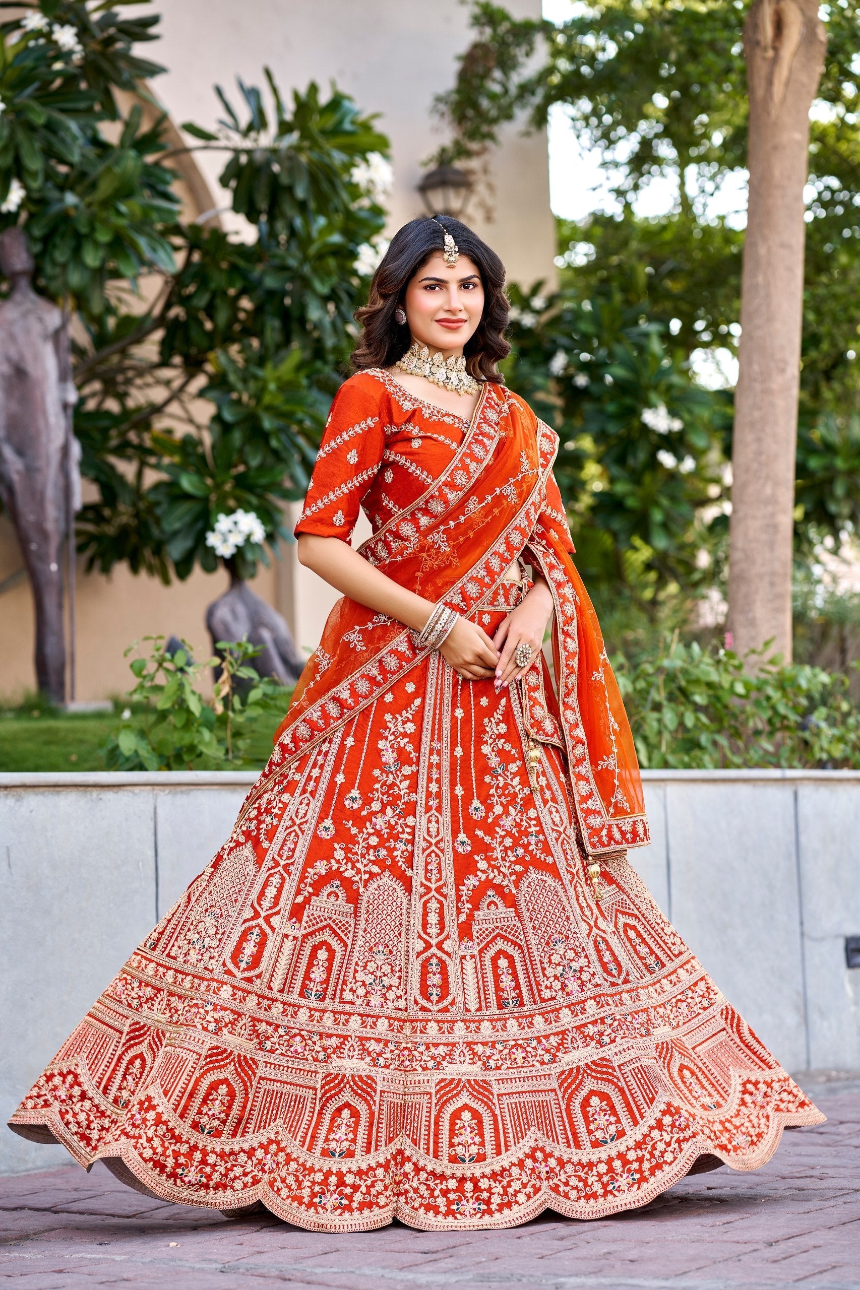 Rust Orange Royal Silk Bridal Lehenga