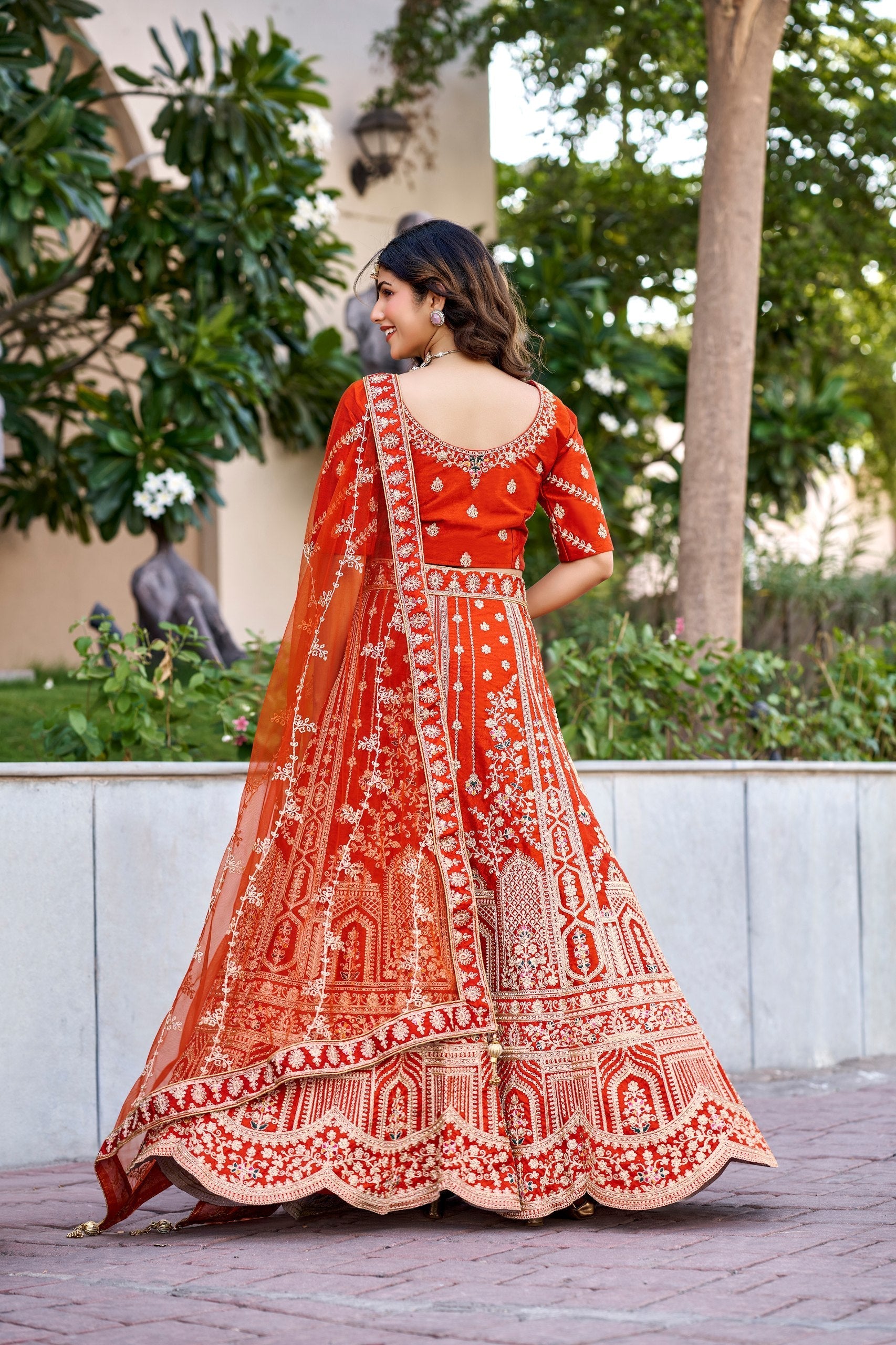 Rust Orange Royal Silk Bridal Lehenga