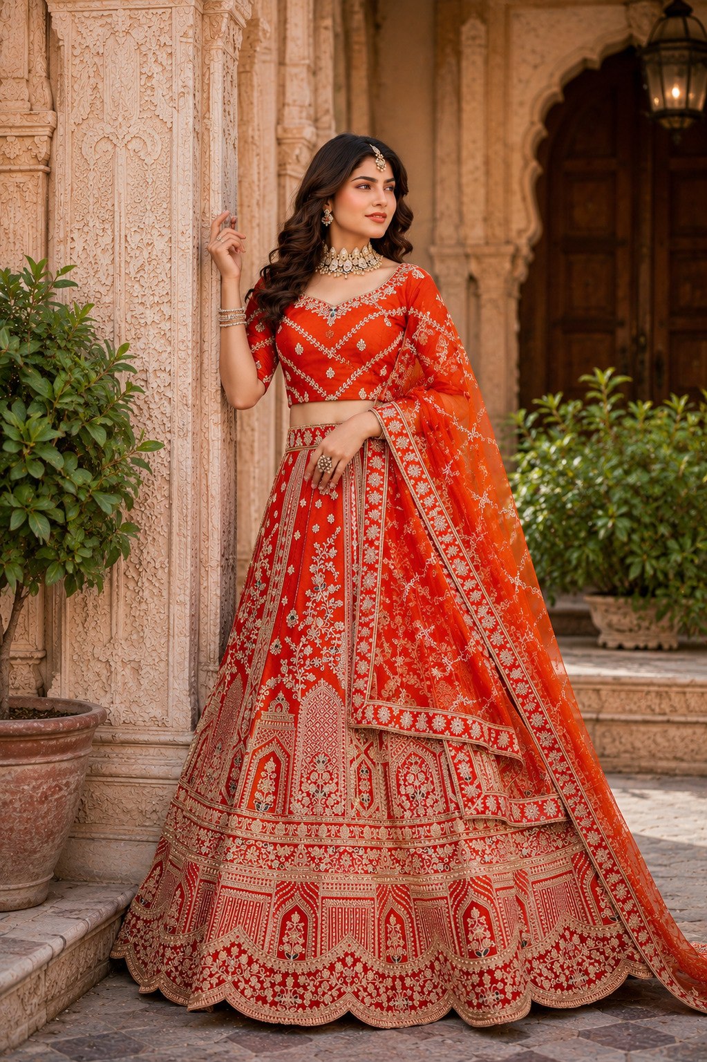 Rust Orange Royal Silk Bridal Lehenga