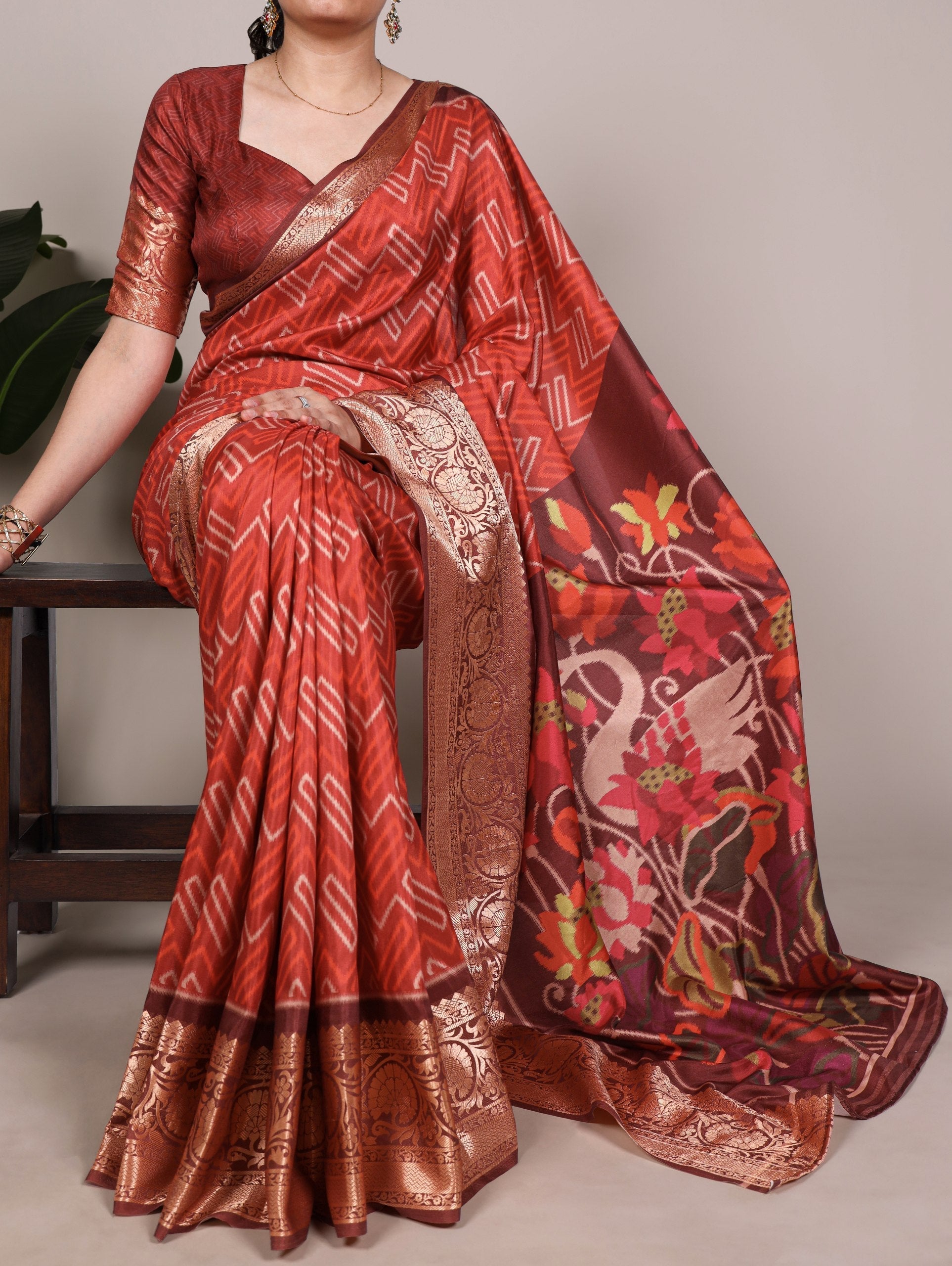 Rust Orange Tasar Silk Printed Saree