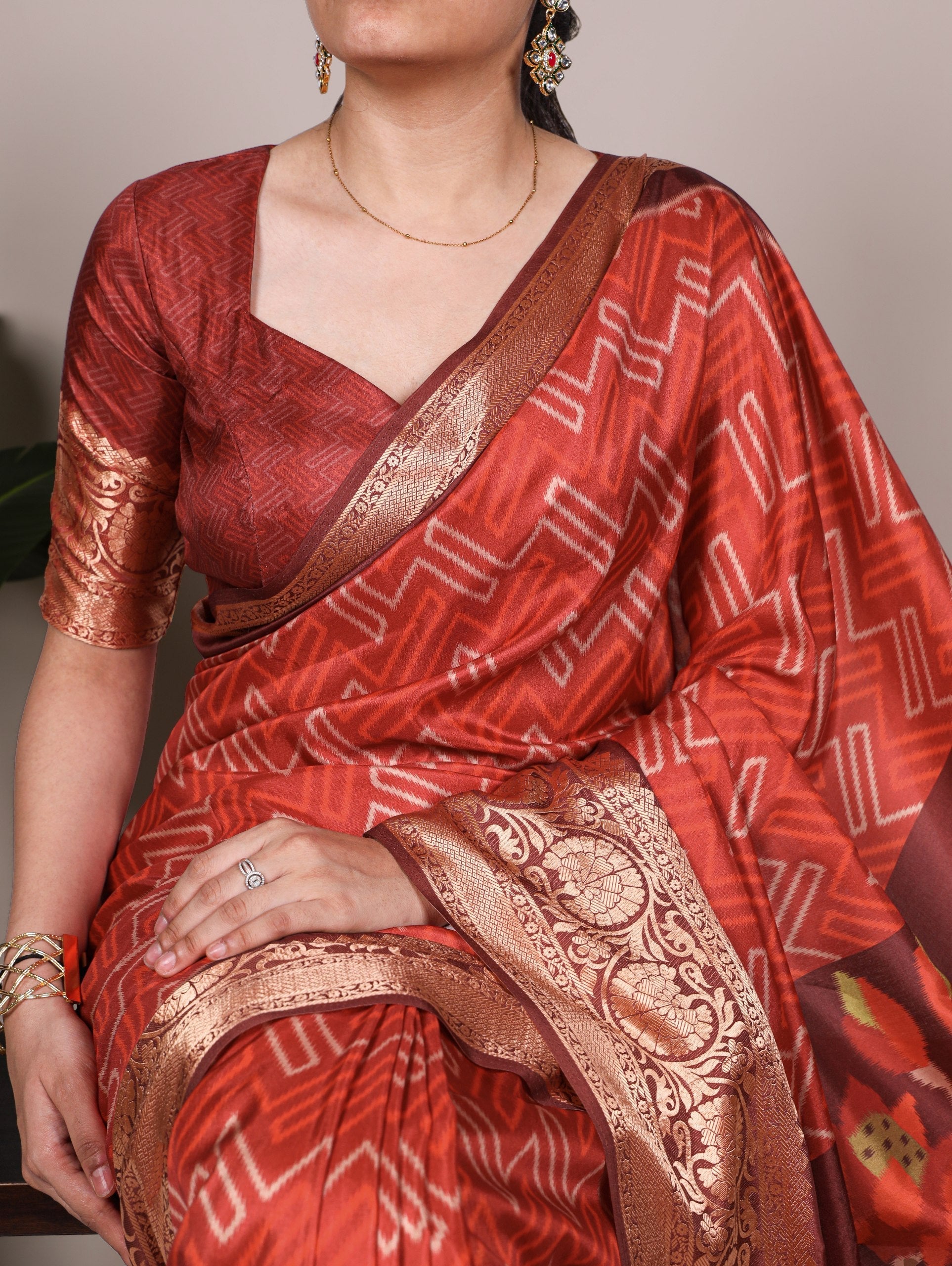 Rust Orange Tasar Silk Printed Saree