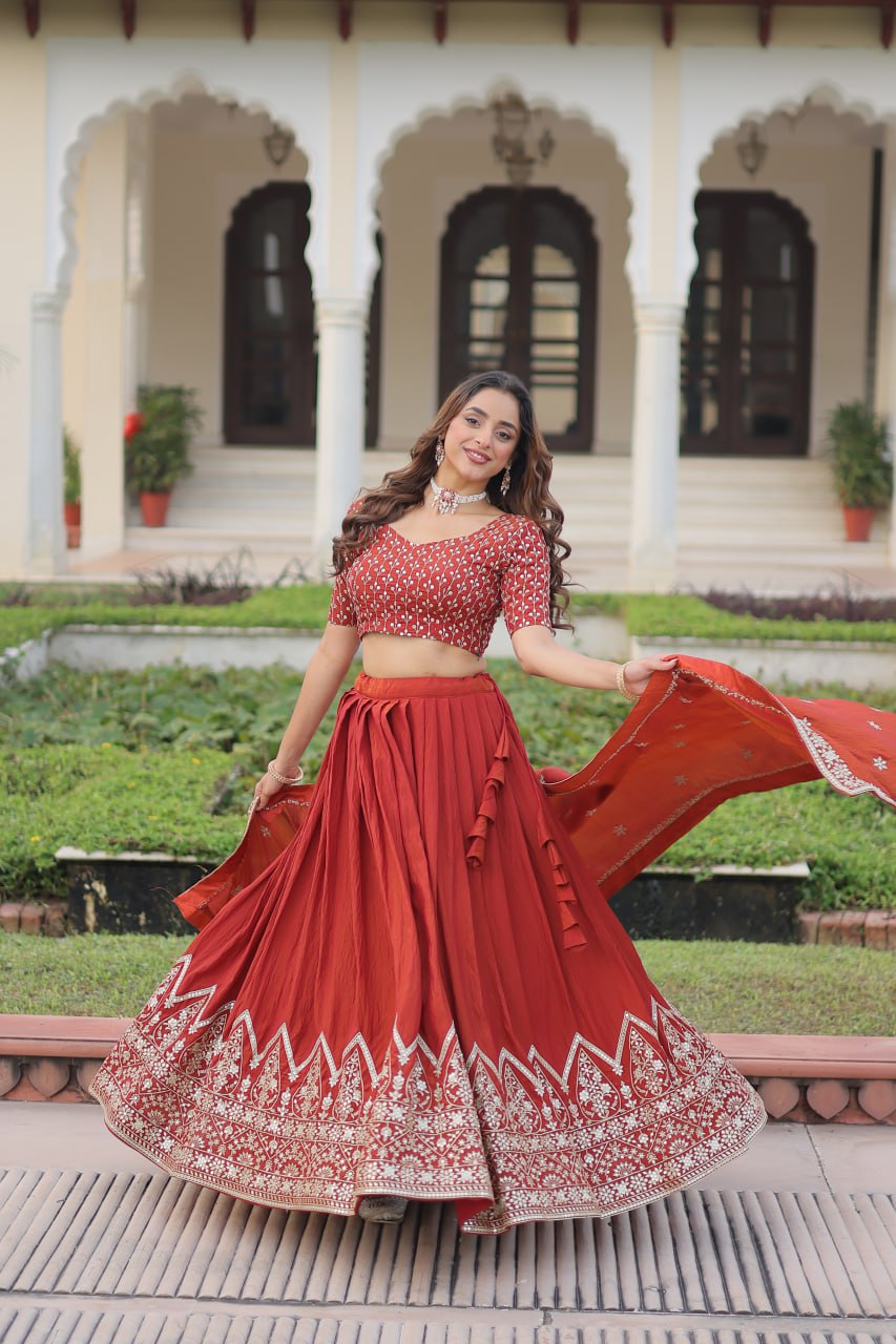 Rust Orange Vichitra Silk Embroidered Lehenga Choli with Designer Dupatta Stitched Lehenga with Canvas Flair & Latkan